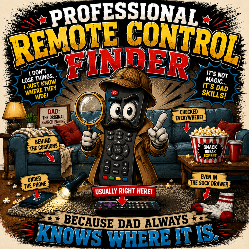 A colorful cartoon-style poster for a 'Professional Remote Control Finder' featuring a detective remote control character holding a magnifying glass and remote, surrounded by humorous labels pointing to hidden remote controls in a living room scene.