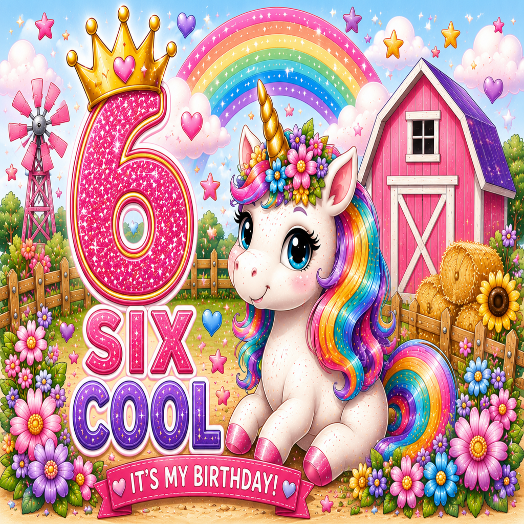 A colorful cartoon birthday scene with a white unicorn, rainbow, barn, flowers, and large text reading '6 COOL' and 'IT'S MY BIRTHDAY!' with hearts.