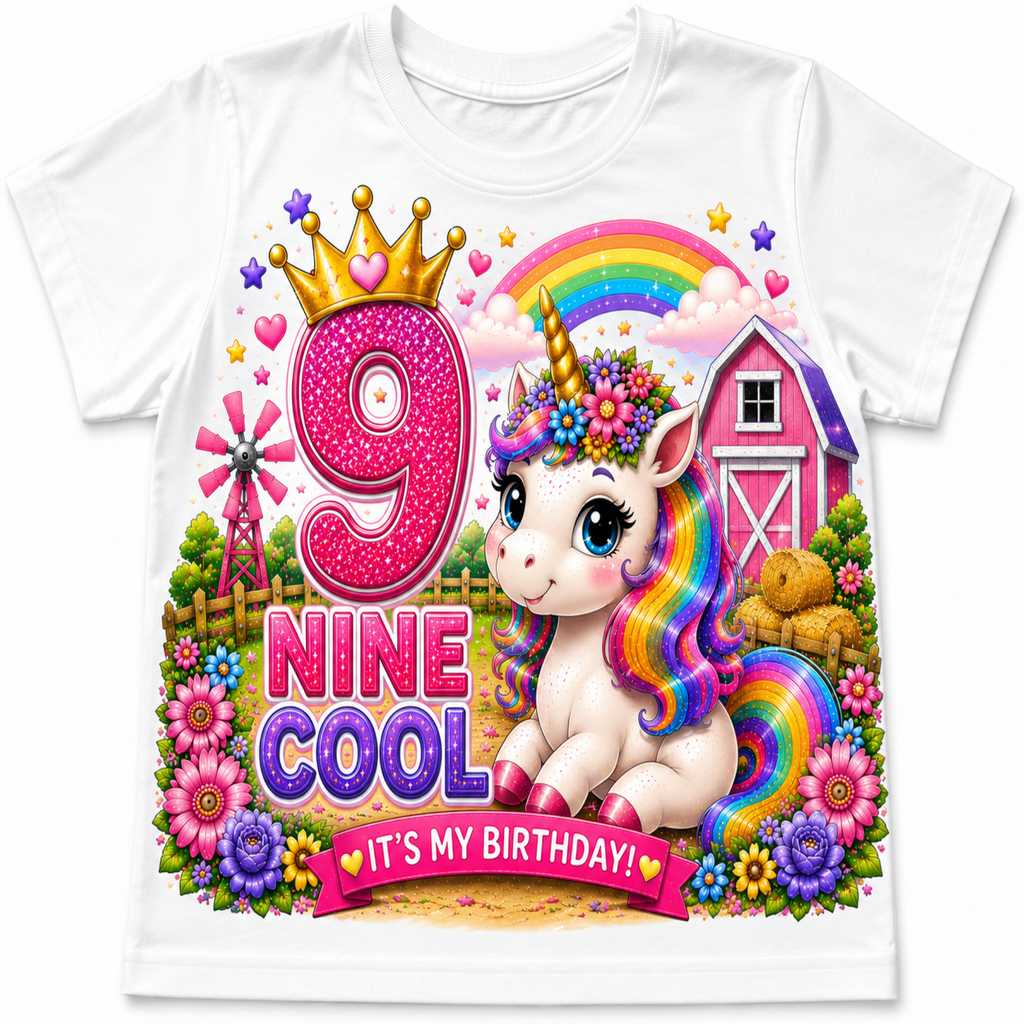 A white short-sleeve kids' t-shirt featuring a vibrant, colorful graphic design for a 9th birthday. The design includes a cute cartoon unicorn with a rainbow mane, a pink barn, a rainbow, flowers, a windmill, and the text '9 NINE COOL' and 'IT'S MY BIRTHDAY!'.