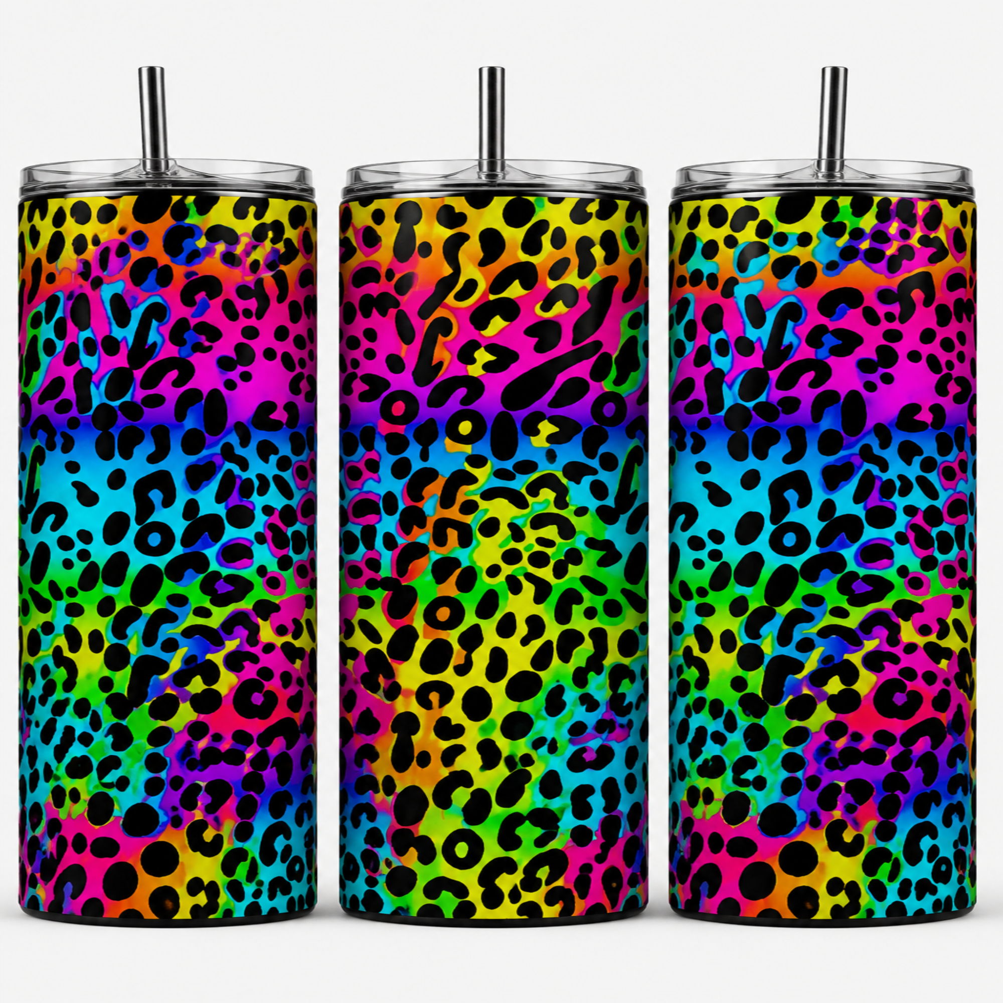 Three tall insulated tumblers with clear lids and metal straws, featuring a bright rainbow gradient background with a black leopard print pattern, shown against a plain white background.