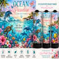 A promotional graphic for a 20 oz Bluetooth speaker tumbler featuring a vibrant tropical ocean wrap design. The design shows dolphins, a sea turtle, a clownfish, and colorful coral reefs under a sunset sky.
