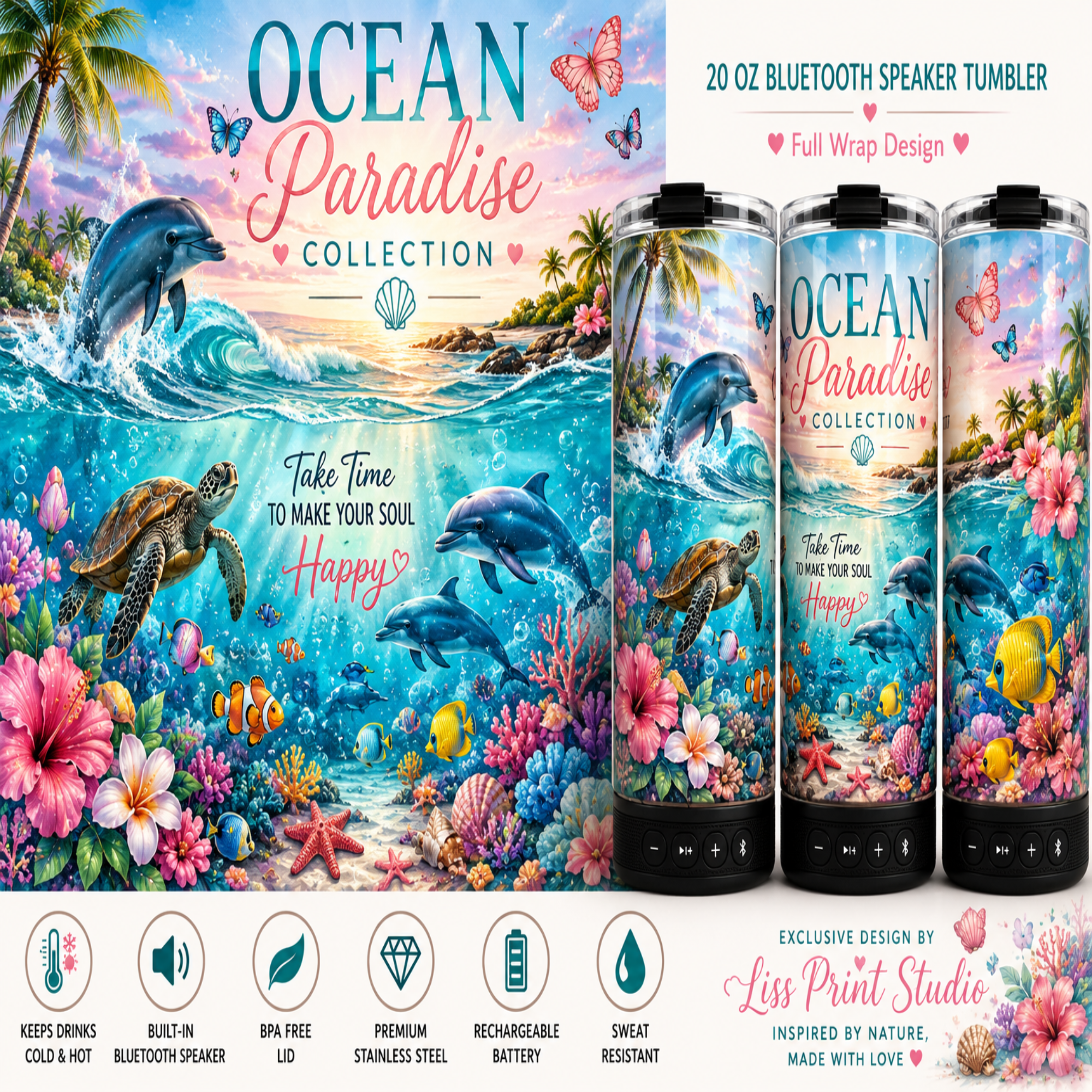 A promotional graphic for a 20 oz Bluetooth speaker tumbler featuring a vibrant tropical ocean wrap design. The design shows dolphins, a sea turtle, a clownfish, and colorful coral reefs under a sunset sky.