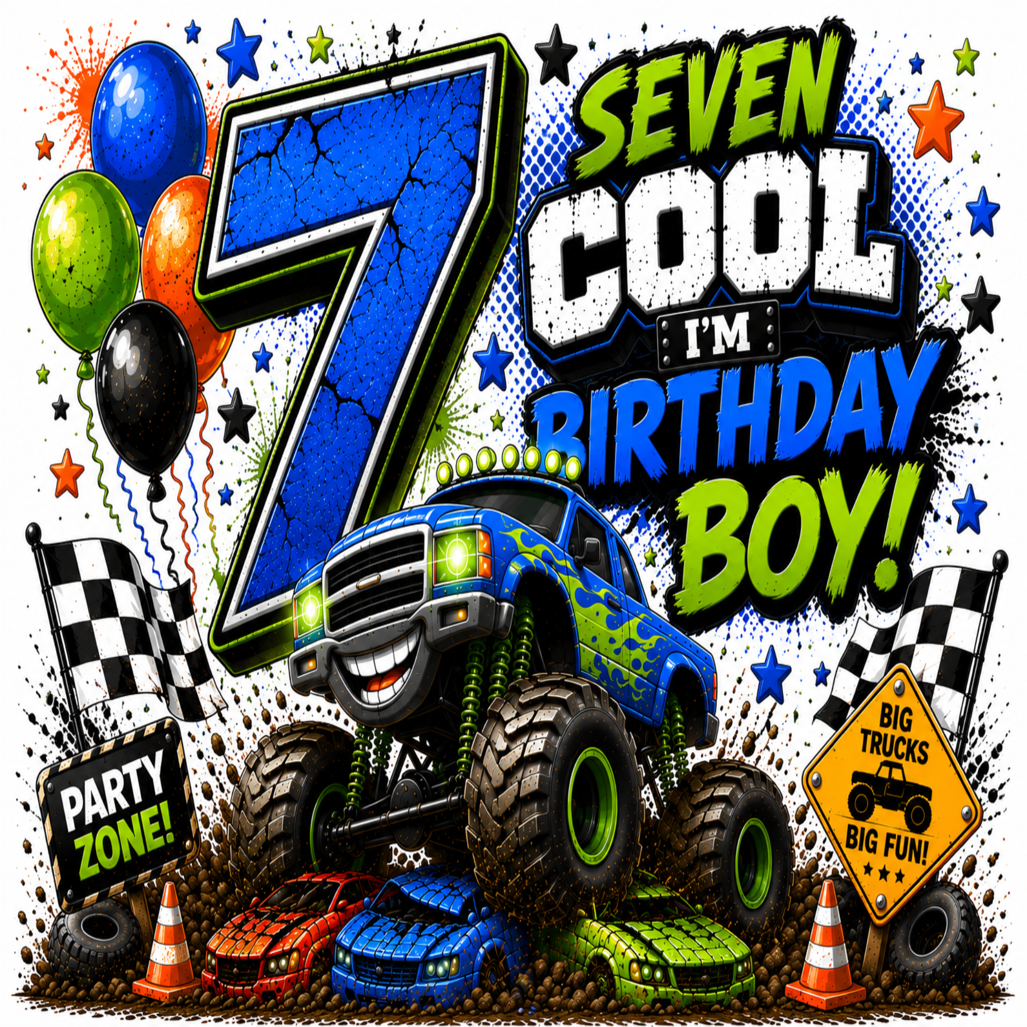 A colorful birthday party decoration or backdrop design featuring a large blue number 7, the text 'SEVEN COOL I'M BIRTHDAY BOY!', a blue monster truck, balloons, checkered flags, race cars, cones, and star graphics on a white background.