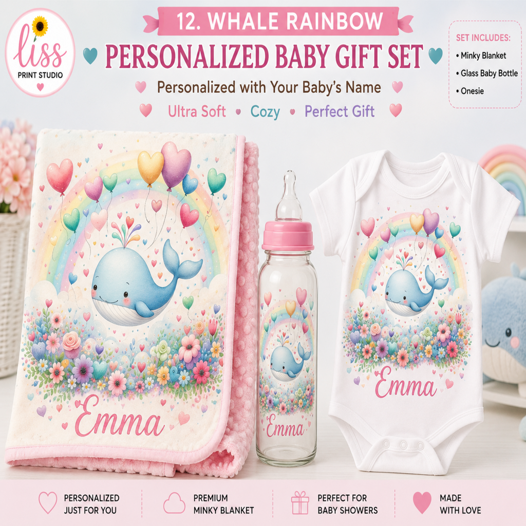 Personalized baby gift set featuring a minky blanket, glass bottle, and white bodysuit with a matching whale and rainbow design, shown on a pink promotional background with the text '12. Whale Rainbow Personalized Baby Gift Set'.