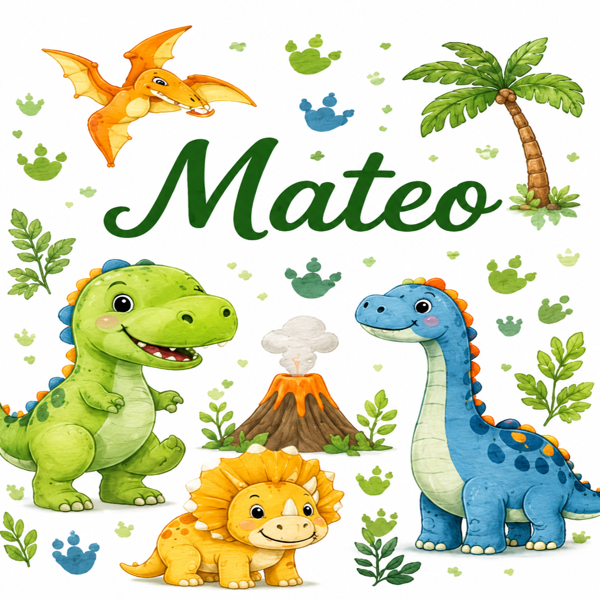 A colorful children's personalized dinosaur-themed backdrop or print featuring cartoon dinosaurs, green footprints, a palm tree, and the name 'Mateo' in large green script on a white background.