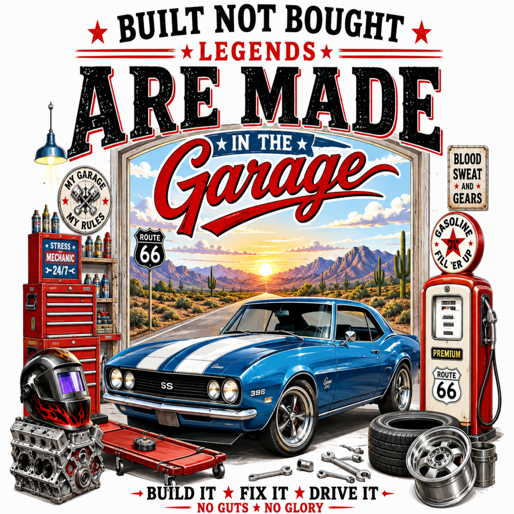 A vintage-style poster or print featuring a blue classic muscle car in a desert landscape, surrounded by garage-themed objects including a tool chest, racing helmet, engine block, tires, and a gas pump. Large text reads “Built Not Bought Legends Are Made in the Garage” with additional retro signage around the scene.