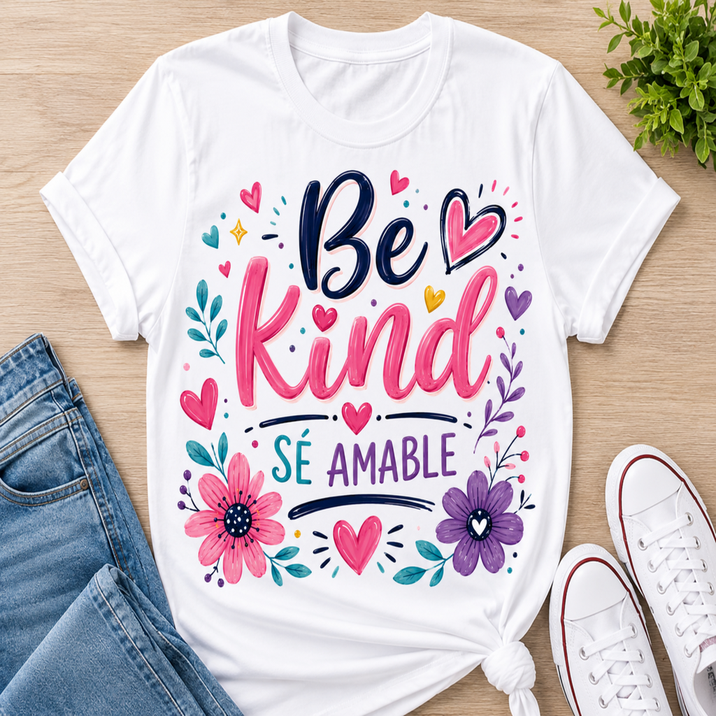 A white graphic t-shirt with the Spanish phrase 'Be Kind SÉ AMABLE' in pink and navy lettering, surrounded by colorful floral and heart illustrations. The t-shirt is styled in a flat-lay arrangement on a light wood background, accompanied by blue jeans, white sneakers, and a small green plant.