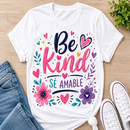 A white graphic t-shirt with the Spanish phrase 'Be Kind SÉ AMABLE' in pink and navy lettering, surrounded by colorful floral and heart illustrations. The t-shirt is styled in a flat-lay arrangement on a light wood background, accompanied by blue jeans, white sneakers, and a small green plant.