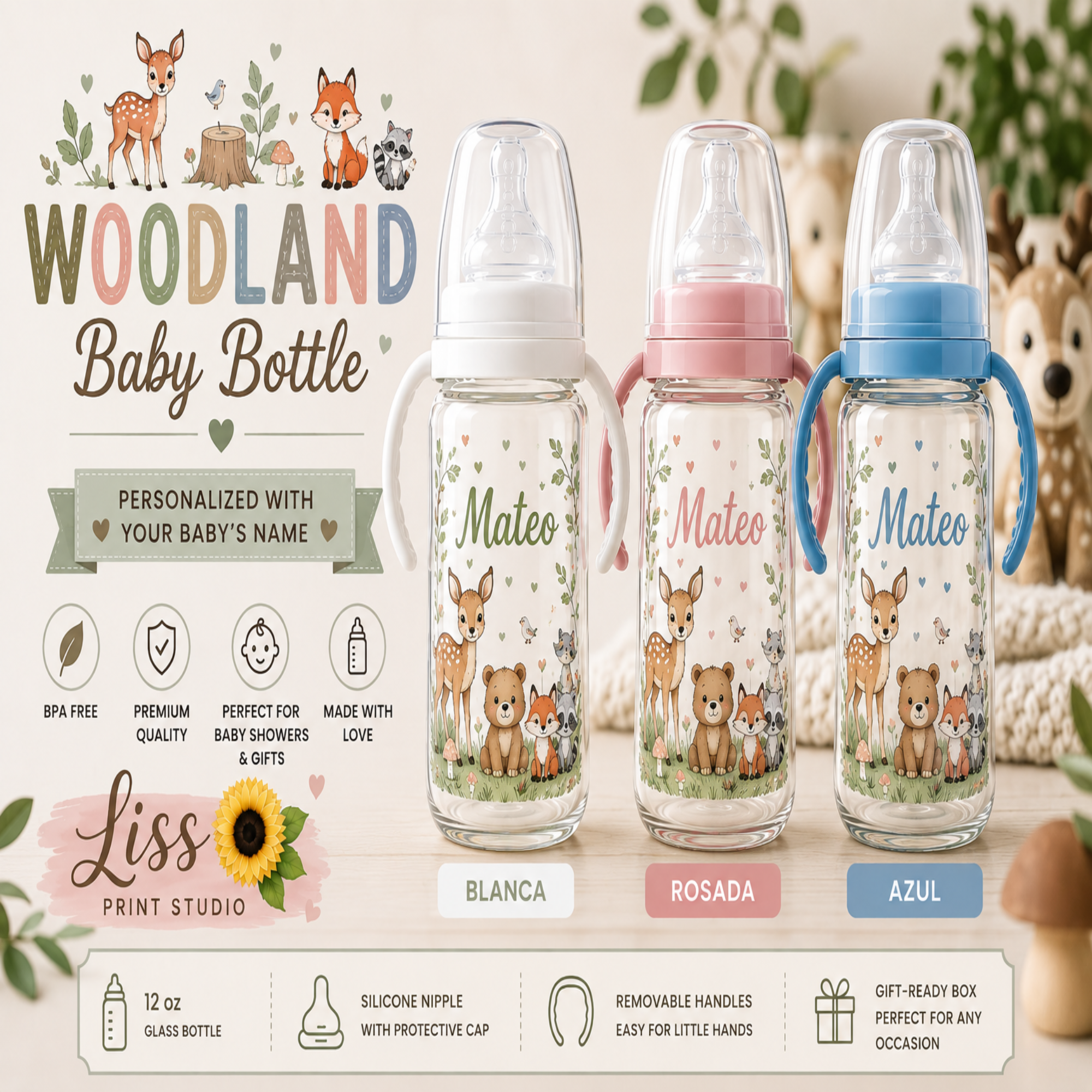 Three personalized woodland-themed baby bottles with handles are shown on a styled background with a baby blanket and plush toy. The bottles have white, pink, and blue handles and are decorated with cute deer and fox illustrations.