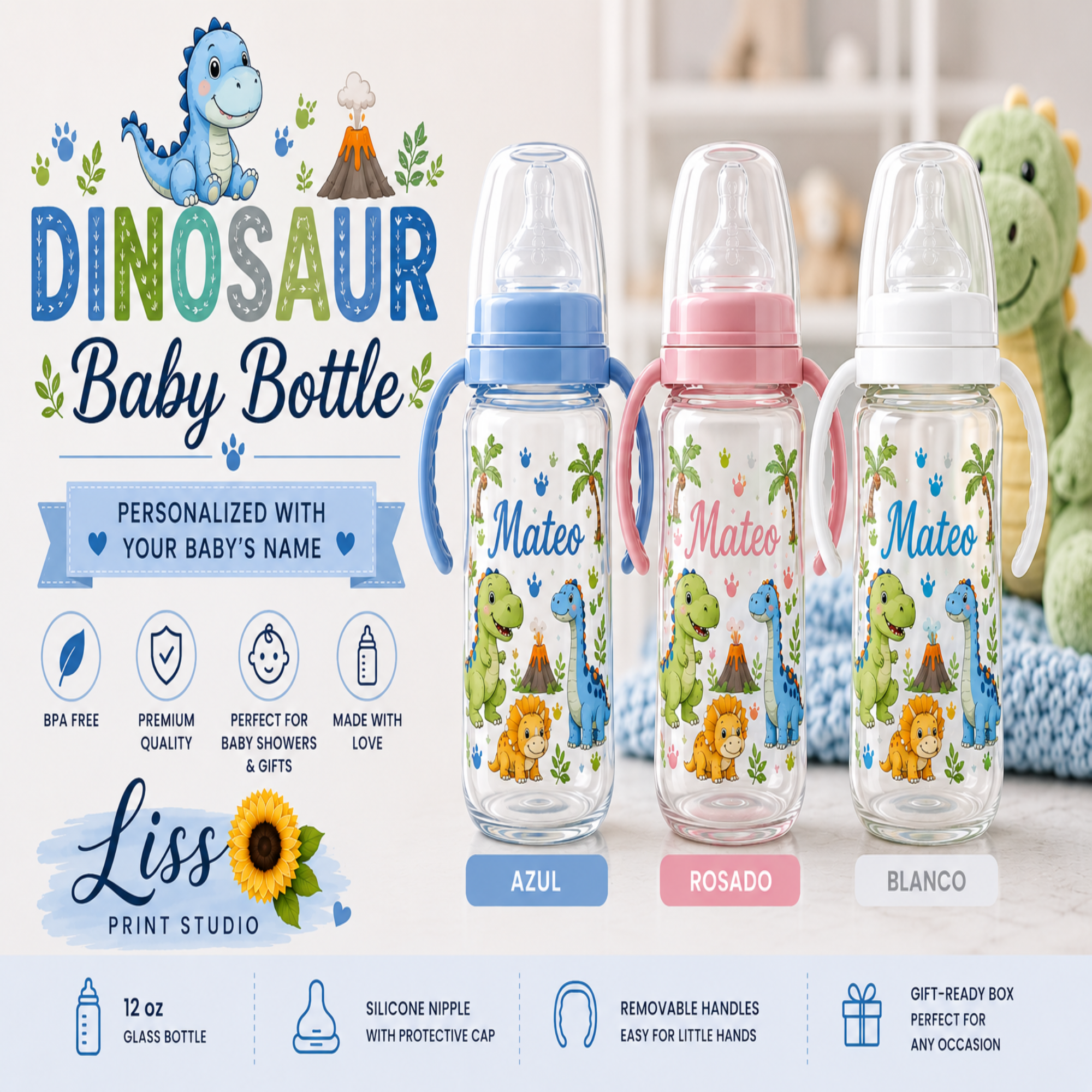 Three personalized dinosaur-themed baby bottles shown side by side on a promotional graphic background. The bottles have clear glass bodies with colorful printed dinosaur illustrations, palm trees, and names 'Mates' and 'Nino' on the front.