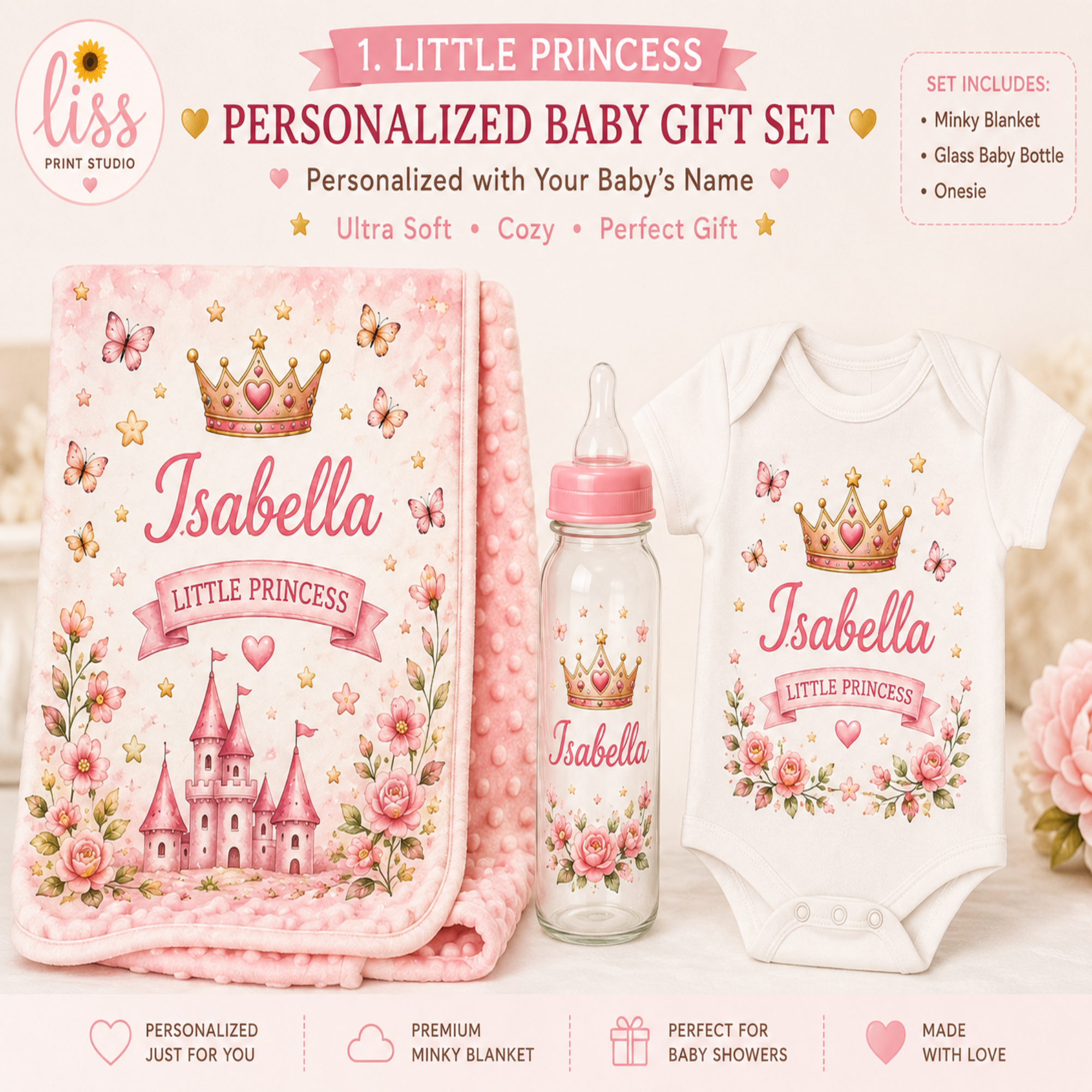Personalized baby gift set featuring a pink floral minky blanket, a white baby bodysuit, and a glass baby bottle, all decorated with a pink crown, castle, and the name 'Isabella'.