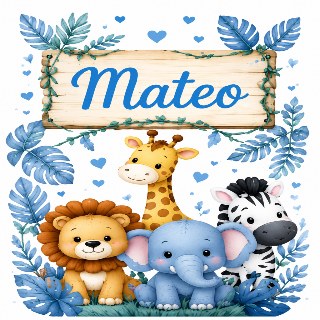 A colorful cartoon safari-themed design with the name 'Mateo' on a wooden sign, surrounded by blue tropical leaves and four cute animals: a lion, giraffe, elephant, and zebra.