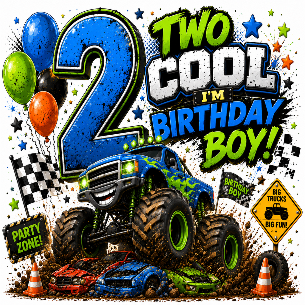 A vibrant 2nd birthday party backdrop or print featuring a blue monster truck racing through dirt, with balloons, a checkered flag, and bold text that reads 'TWO COOL I'M BIRTHDAY BOY!'.