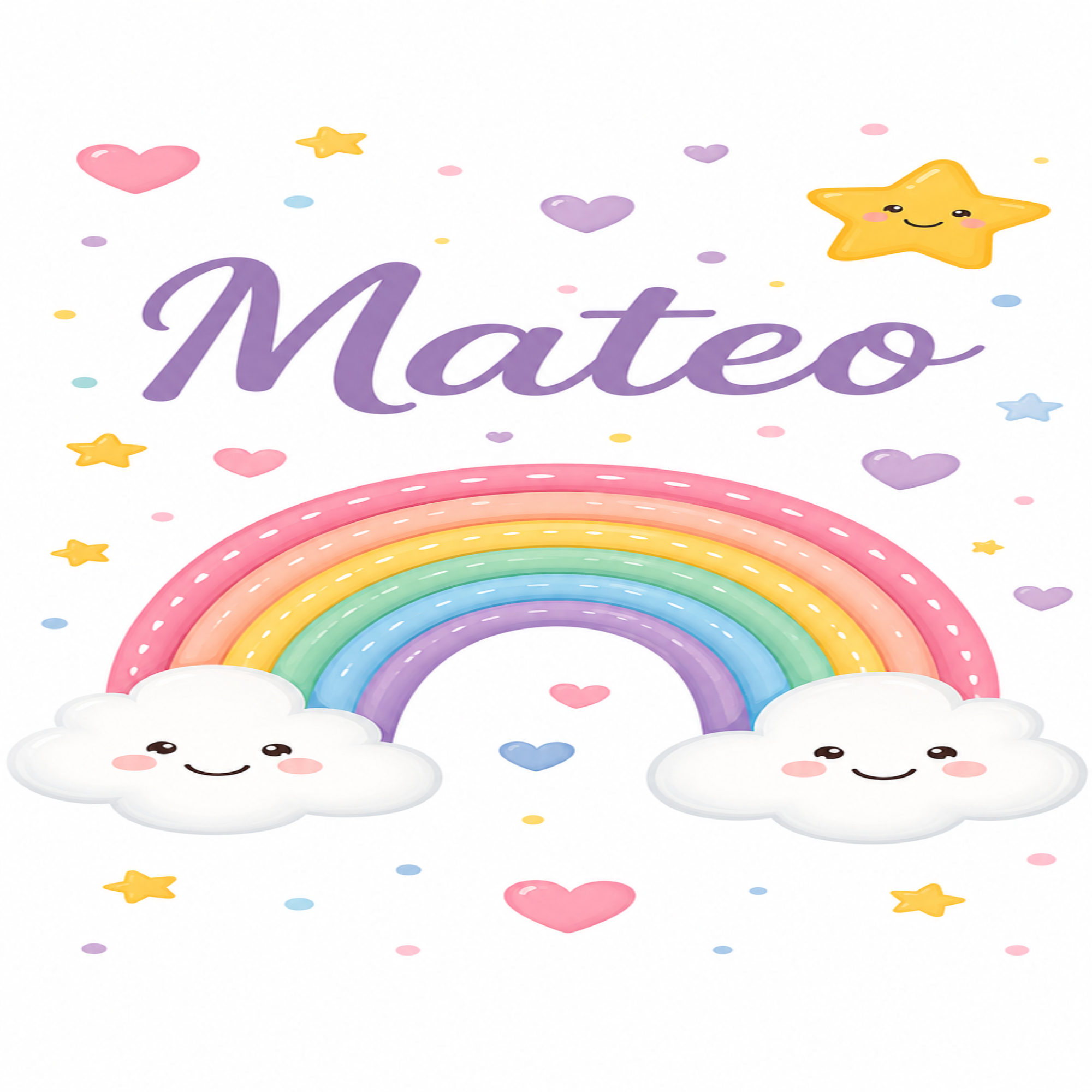 A cute personalized name print design featuring the name 'Mateo' in purple script, decorated with a pastel rainbow, smiling white clouds, small hearts, stars, and dots on a white background.