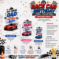A promotional graphic for a white t-shirt collection titled 'Pit Crew Dad of the Birthday Boy' and 'Pit Crew Mom of the Birthday Boy' under the 'Race Car Birthday Family Collection' banner. The graphic shows two white t-shirts with colorful racing graphics, a red race car, and various feature icons and text on a white background.