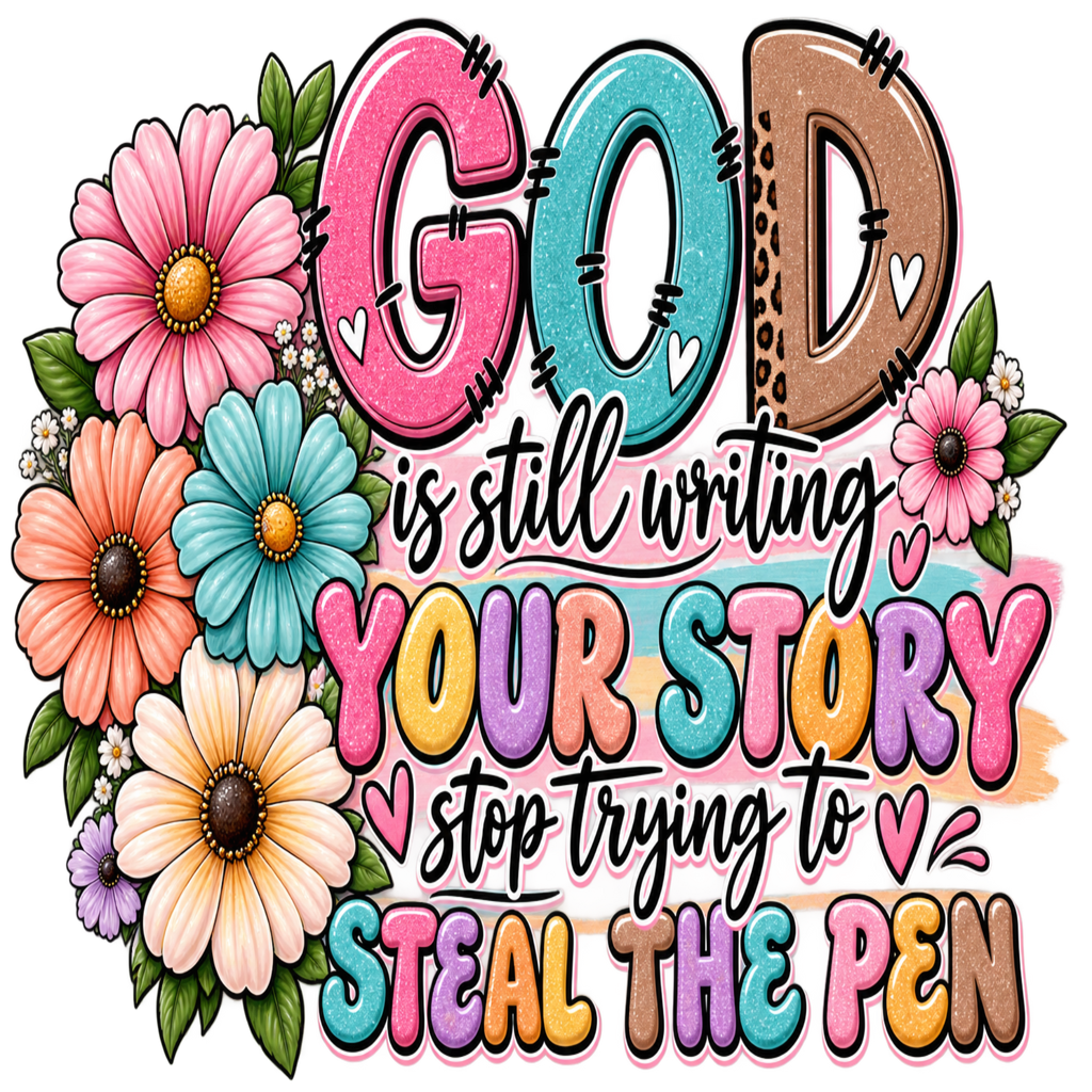 A colorful graphic design featuring the word 'GOD' in large, stylized letters surrounded by illustrated flowers, with the phrase 'is still writing YOUR STORY stop trying to STEAL THE PEN' in black and pastel lettering on a white background.