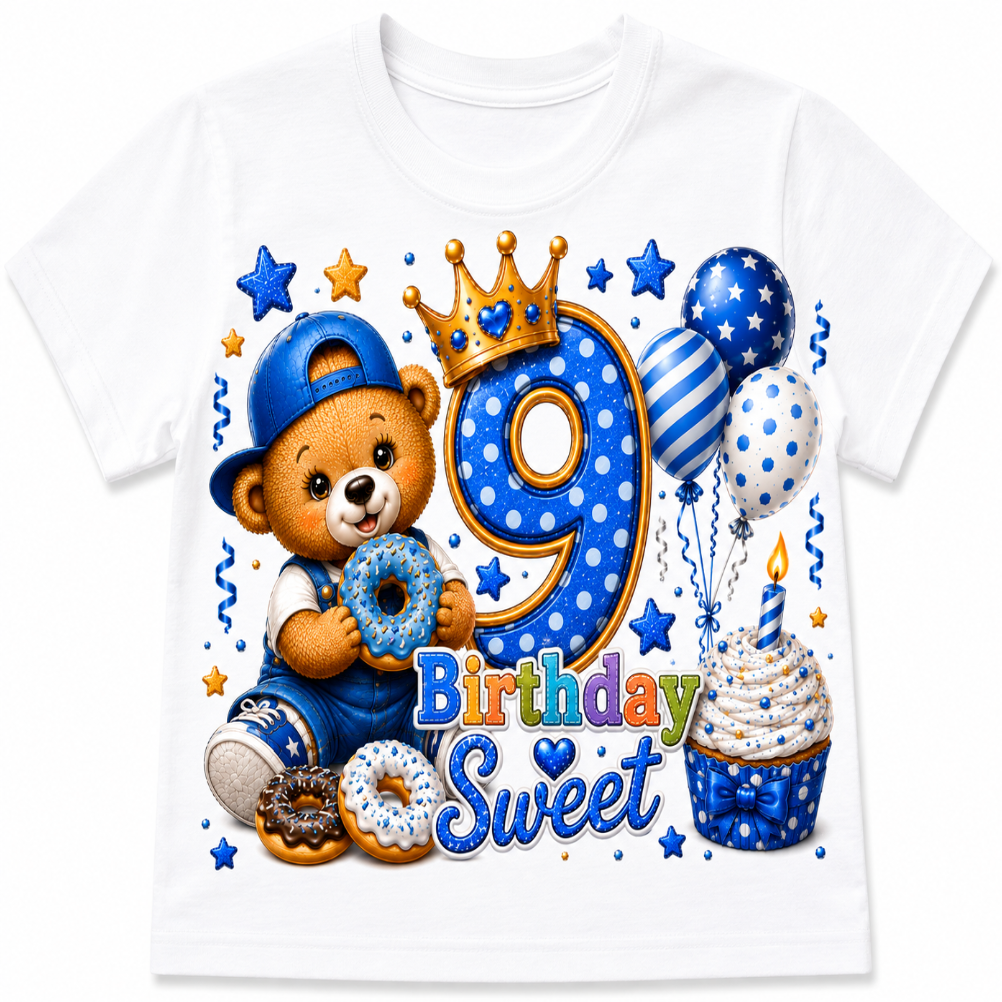 A white short-sleeve kids' t-shirt featuring a colorful 9th birthday graphic with a cartoon teddy bear, donuts, balloons, a crown, and a cupcake.