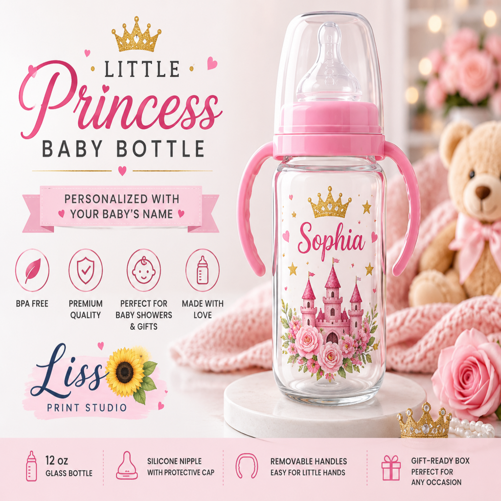 A personalized baby bottle with pink silicone nipples and a clear glass body, decorated with a pink castle, roses, and the name 'Sophia' on a white background. The image includes promotional text, a teddy bear, and a pink floral setting, branded as 'Liss Print Studio'.
