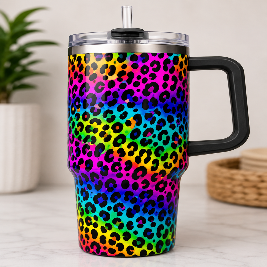 A tall insulated travel tumbler with a black handle and lid, featuring a vibrant rainbow leopard print pattern, set on a light marble countertop with a blurred plant in the background.