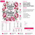 A promotional graphic for a DTF transfer product, featuring a large floral design with the text 'Positive Thoughts Positive Outcome' in black script and block lettering. The layout includes branding for 'Lis Print Studio', size and price tables, icons for print types, and buttons to add to cart or buy now.