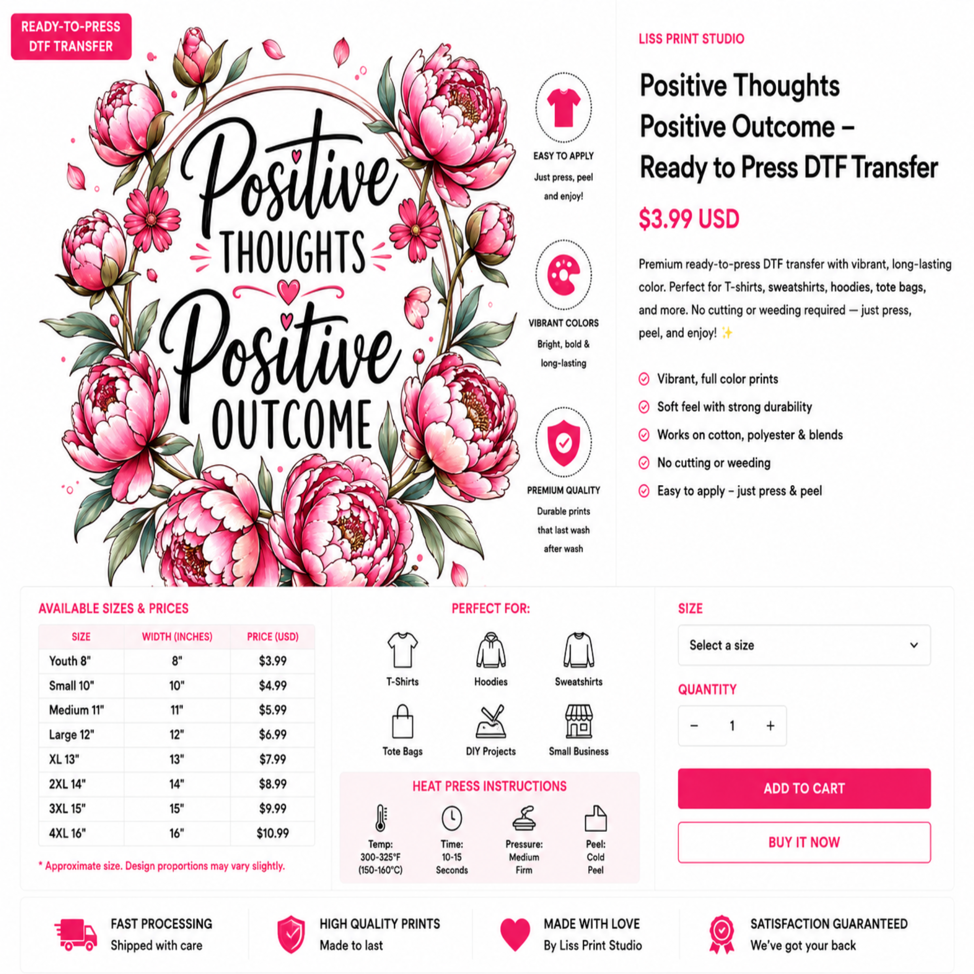 A promotional graphic for a DTF transfer product, featuring a large floral design with the text 'Positive Thoughts Positive Outcome' in black script and block lettering. The layout includes branding for 'Lis Print Studio', size and price tables, icons for print types, and buttons to add to cart or buy now.