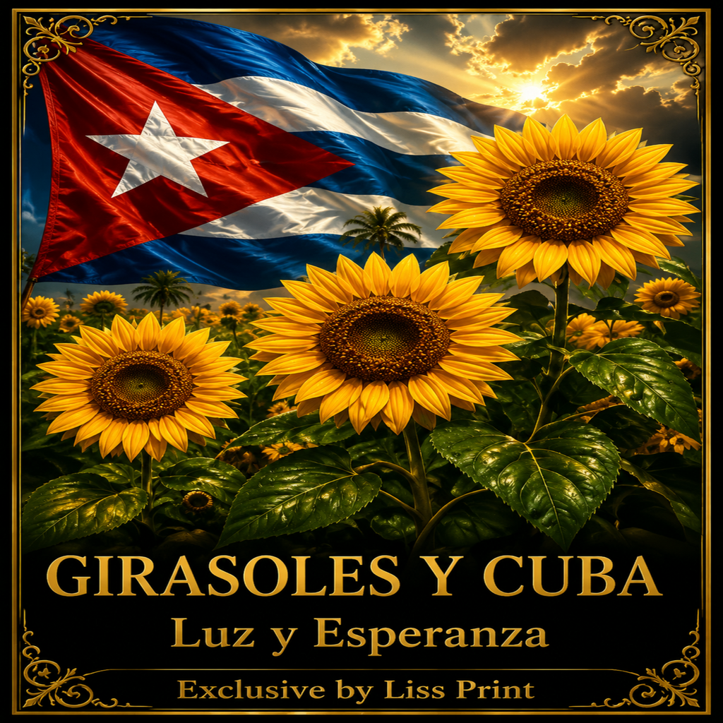 A decorative poster-style artwork featuring a Cuban flag waving above a sunflower field at sunset, with the Spanish text 'GIRASOLES Y CUBA', 'Luz y Esperanza', and 'Exclusive by Liss Print'. This is not a real photographed environment for a lifestyle shot; the depicted scene itself appears to be the product artwork, so Scenery fits better than Product/Packaging.