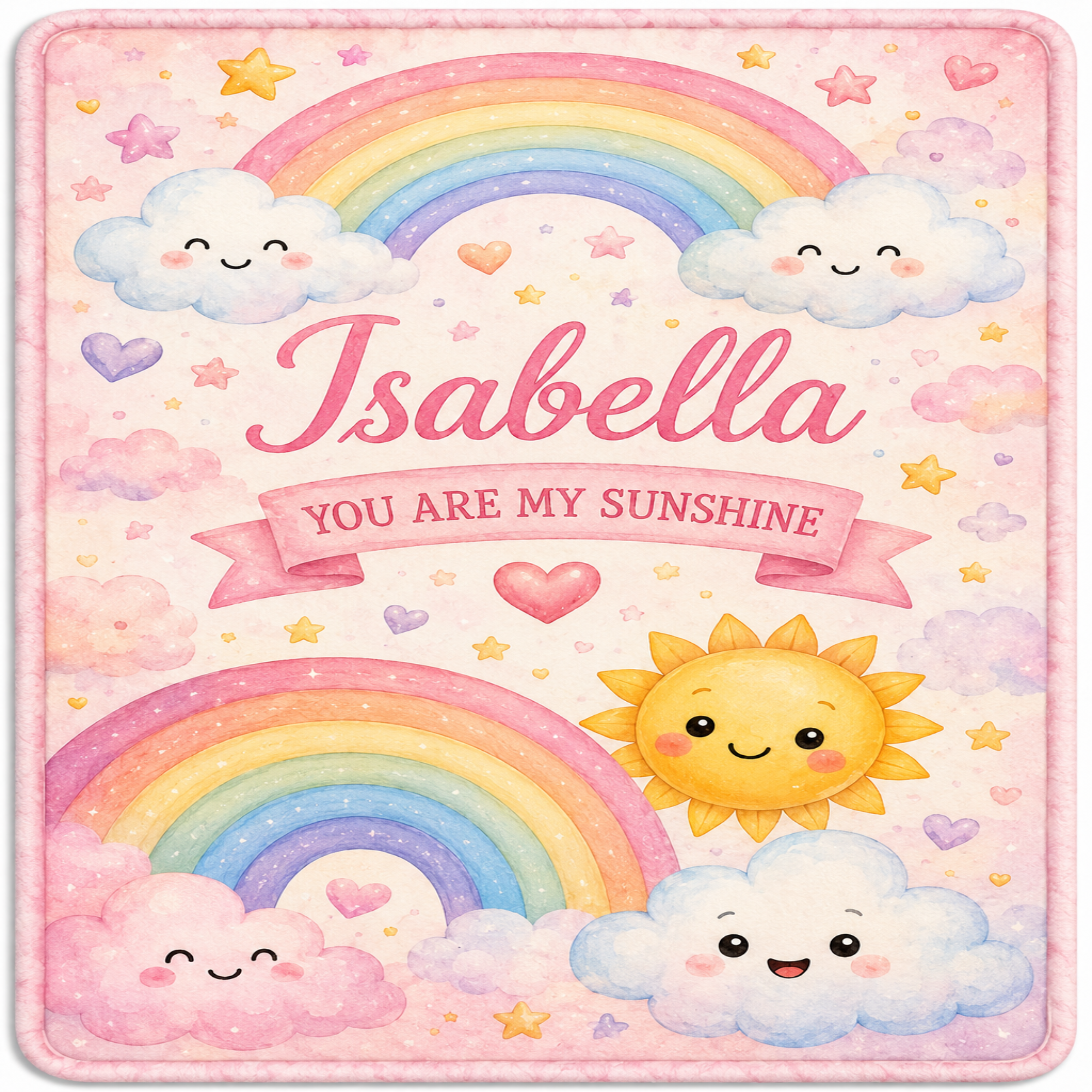 A personalized baby blanket or rug featuring a cute pastel design with two rainbows, smiling clouds, a sun, hearts, stars, and the name 'Isabella' with the phrase 'YOU ARE MY SUNSHINE' on a pink background.