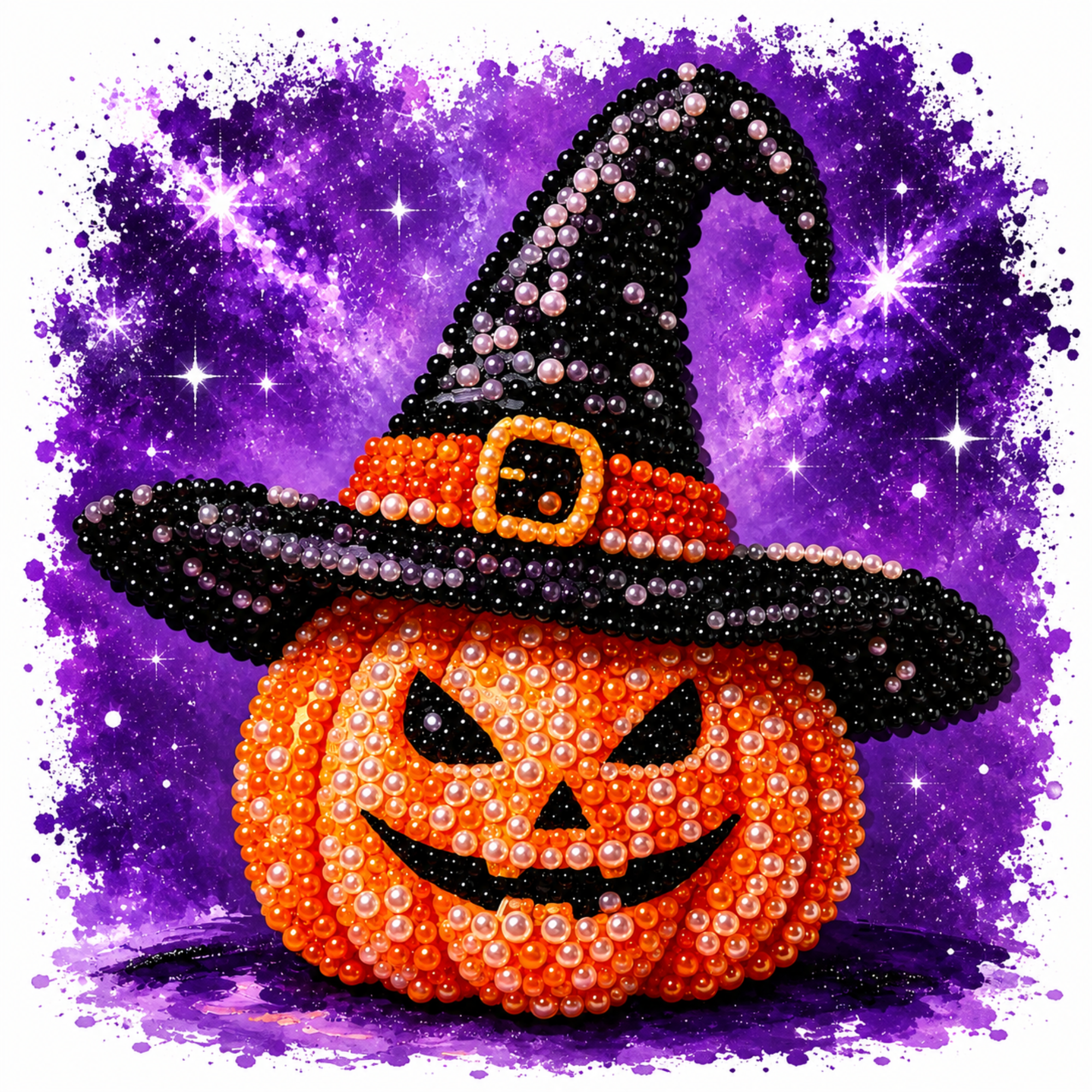 A Halloween-themed illustration of a jack-o'-lantern pumpkin wearing a pointed witch hat, both covered in sparkling bead-like details, set against a purple and black starry background.