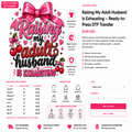 A digital product listing page for a DTF transfer design featuring the text 'Raising my adult husband IS Exhausting' in pink and black lettering with red cherries and hearts. The page includes branding for 'Lis Print Studio', size and price tables, product features, and an 'Add to Cart' button.