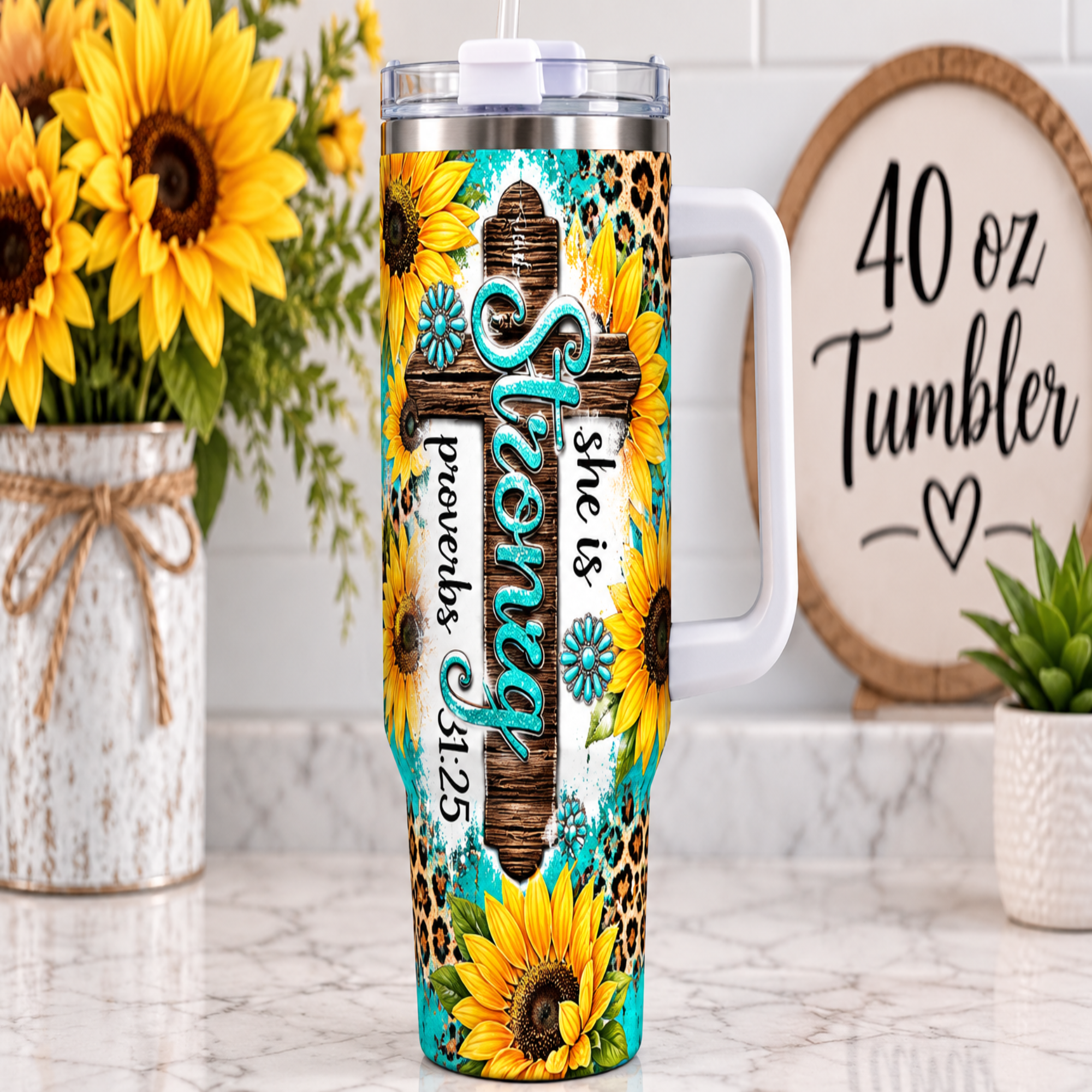 A 40 oz handled stainless steel tumbler with a white handle, decorated with a vibrant sunflower, leopard print, teal, and brown cross design featuring the text 'She Is Strength' and 'Proverbs 31:25'. The tumbler is set on a marble countertop with sunflowers and a decorative sign in the background.