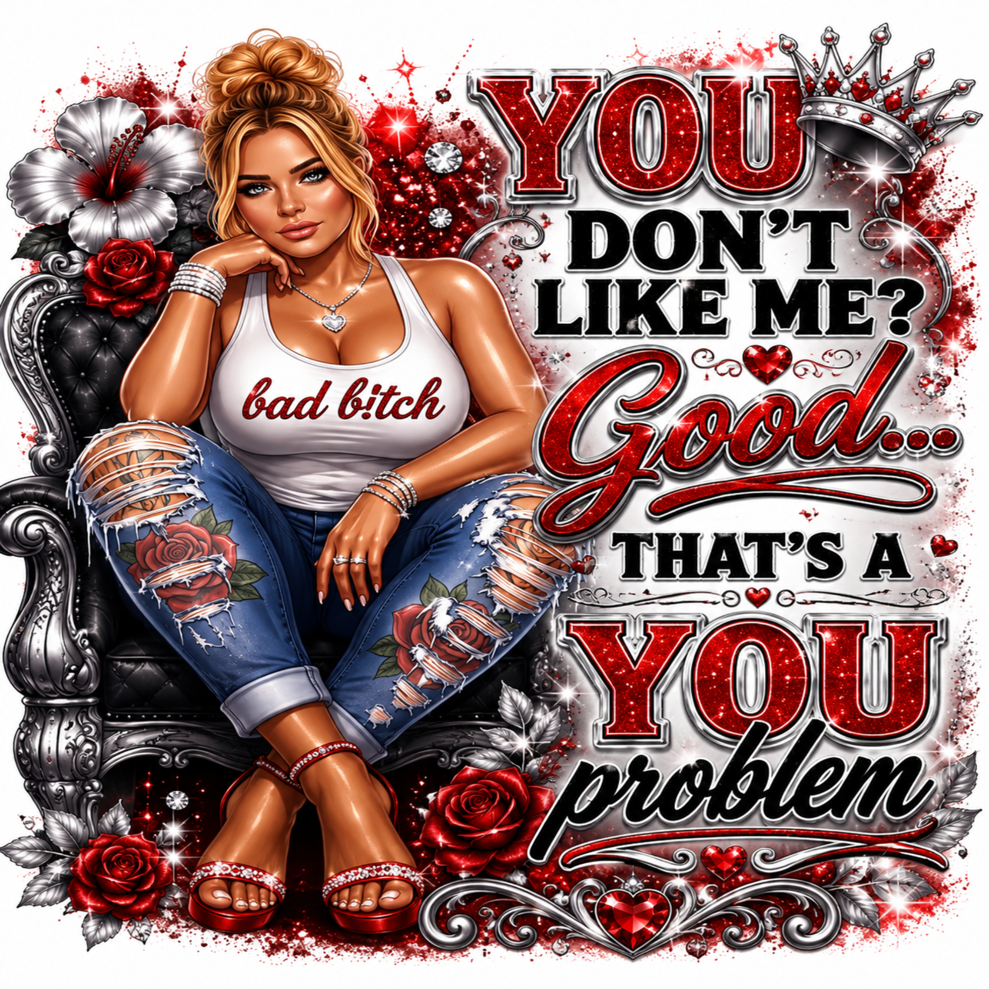 A stylized graphic print featuring a seated woman in a white tank top with the words 'bad bitch' and distressed blue jeans with floral graphics. Large decorative text reads 'YOU DON'T LIKE ME? Good.