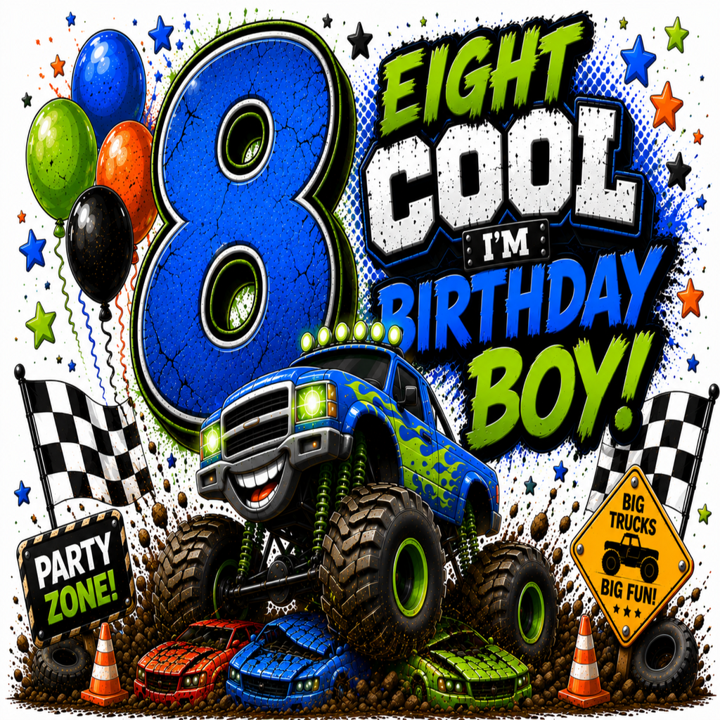 A colorful 8th birthday party graphic featuring a large blue number 8, the text 'EIGHT COOL I'M BIRTHDAY BOY!', a blue monster truck, race flags, balloons, cones, and racing cars on a white background with star and halftone accents.