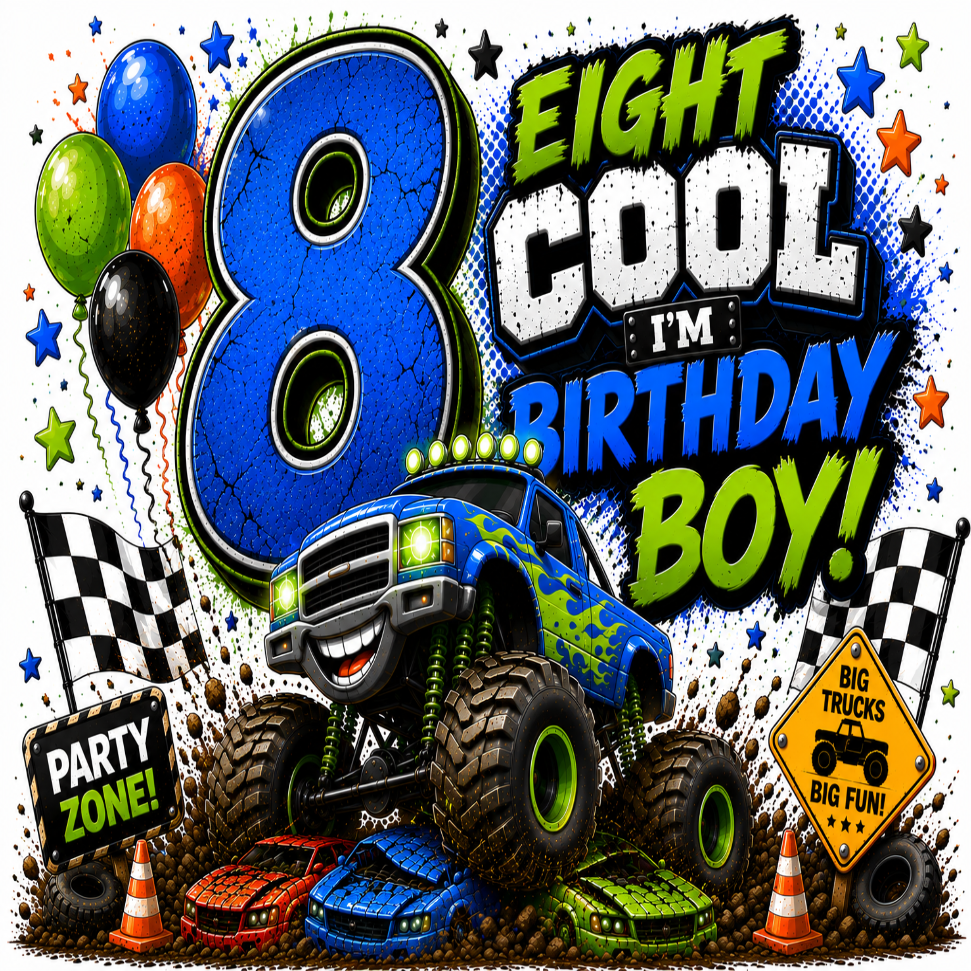A colorful 8th birthday party graphic featuring a large blue number 8, the text 'EIGHT COOL I'M BIRTHDAY BOY!', a blue monster truck, race flags, balloons, cones, and racing cars on a white background with star and halftone accents.
