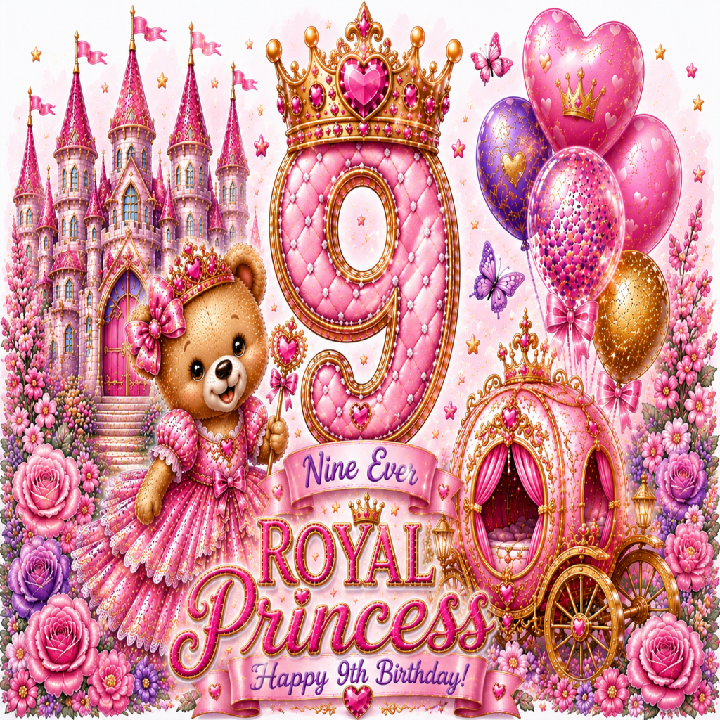 A pink and gold 9th birthday 'Royal Princess' illustration featuring a teddy bear in a dress, a castle, balloons, a carriage, and large decorative text reading 'Nine Ever ROYAL Princess Happy 9th Birthday!'.