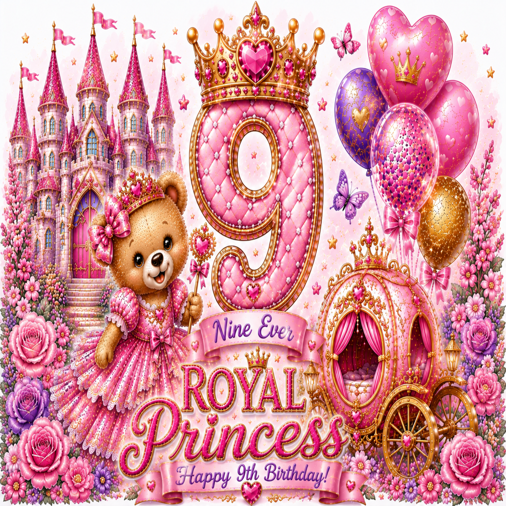 A pink and gold 9th birthday 'Royal Princess' illustration featuring a teddy bear in a dress, a castle, balloons, a carriage, and large decorative text reading 'Nine Ever ROYAL Princess Happy 9th Birthday!'.