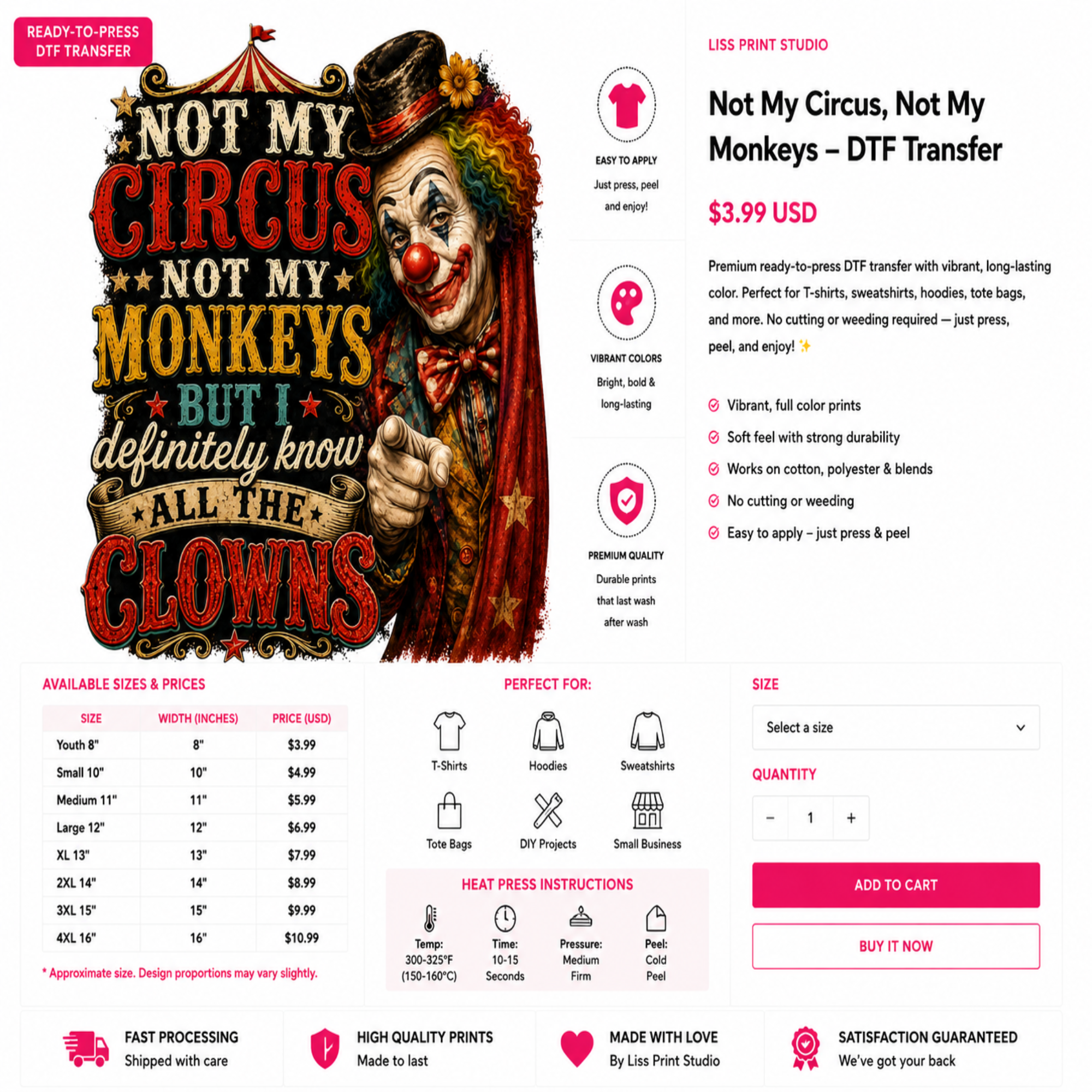 A promotional graphic for a DTF transfer product titled 'Not My Circus, Not My Monkeys' by Liss Print Studio. The design shows a large illustrated clown face and costume with bold red, gold, black, and cream lettering.