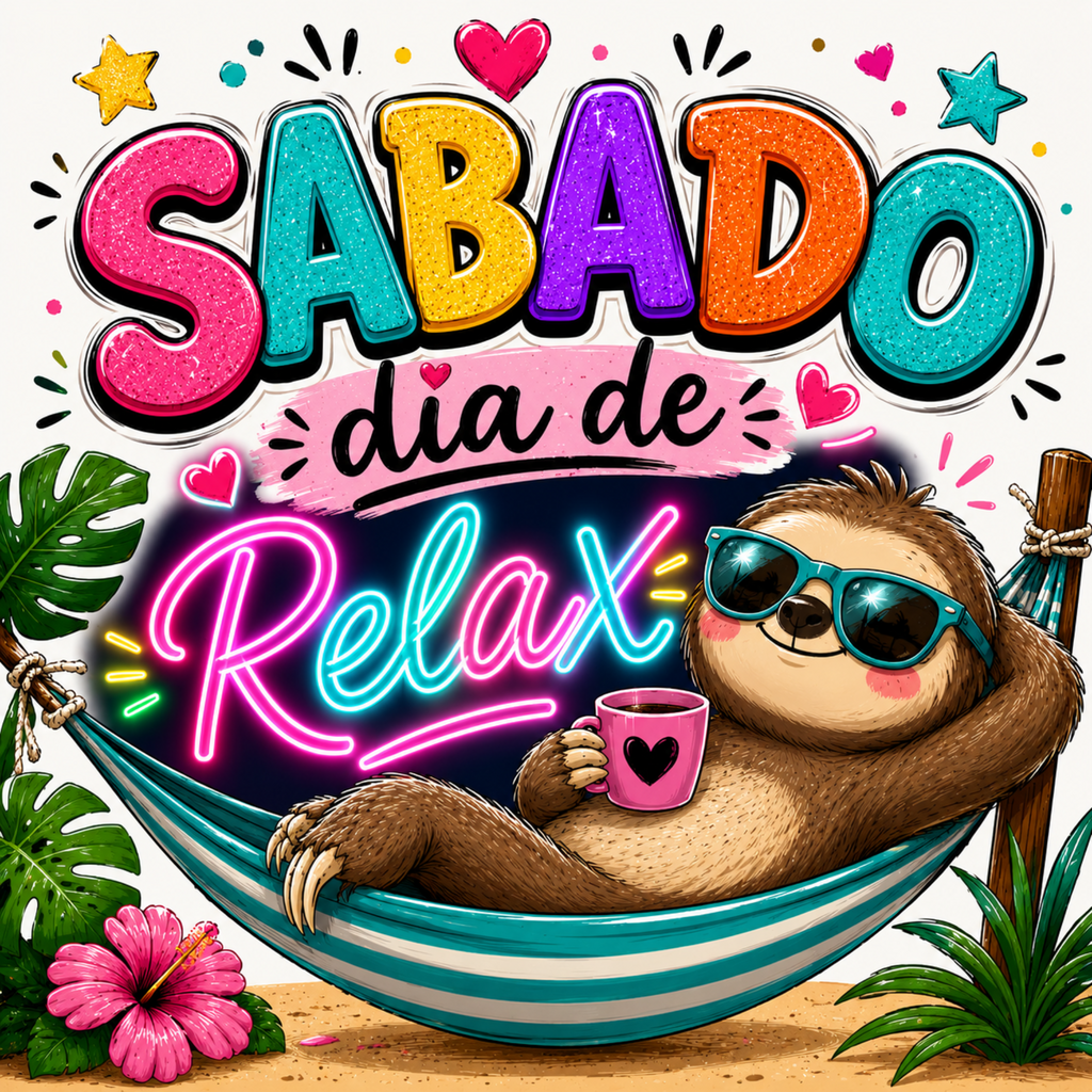 Vibrant digital illustration of a sloth lounging in a hammock on a beach, wearing blue sunglasses and holding a pink mug with a heart. The background features colorful, glittery text reading 'SABADO dia de Relax' surrounded by tropical leaves, flowers, and stars.