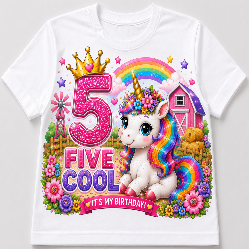A white short-sleeve kids' t-shirt featuring a vibrant, colorful graphic print on the front. The design includes a smiling cartoon unicorn with a rainbow mane, a pink barn, a rainbow, flowers, and the text '5 FIVE COOL' and 'IT'S MY BIRTHDAY!'.
