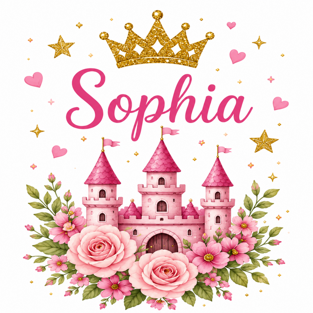 A personalized baby shower or birthday card design featuring a pink watercolor-style castle surrounded by pink roses and green leaves, topped with a glittery gold crown and the name 'Sophia' in pink script on a white background.