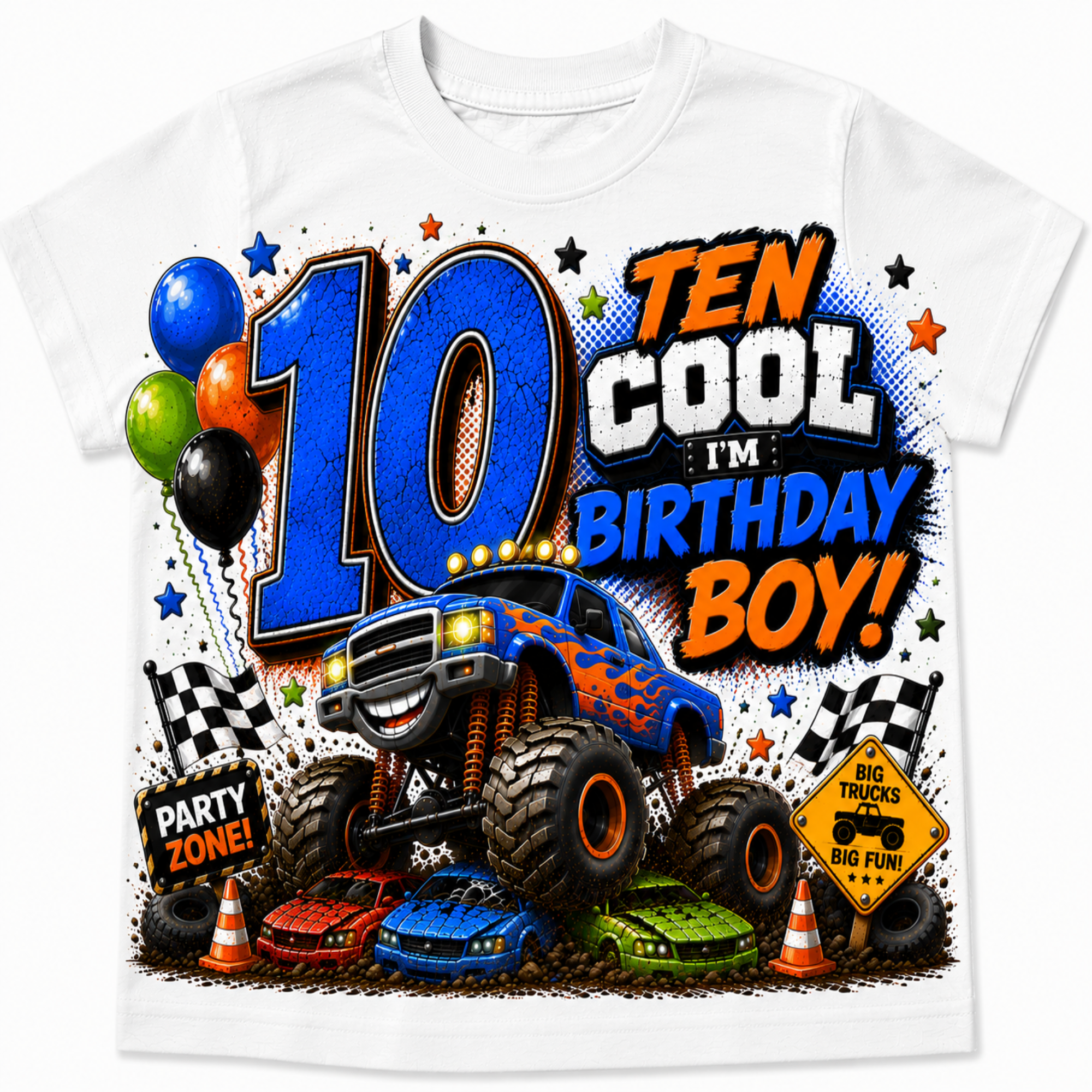 A white short-sleeve kids' t-shirt featuring a colorful graphic design for a 10th birthday. The design includes a blue monster truck, racing cars, balloons, checkered flags, and bold text that reads 'TEN COOL I'M BIRTHDAY BOY!'.