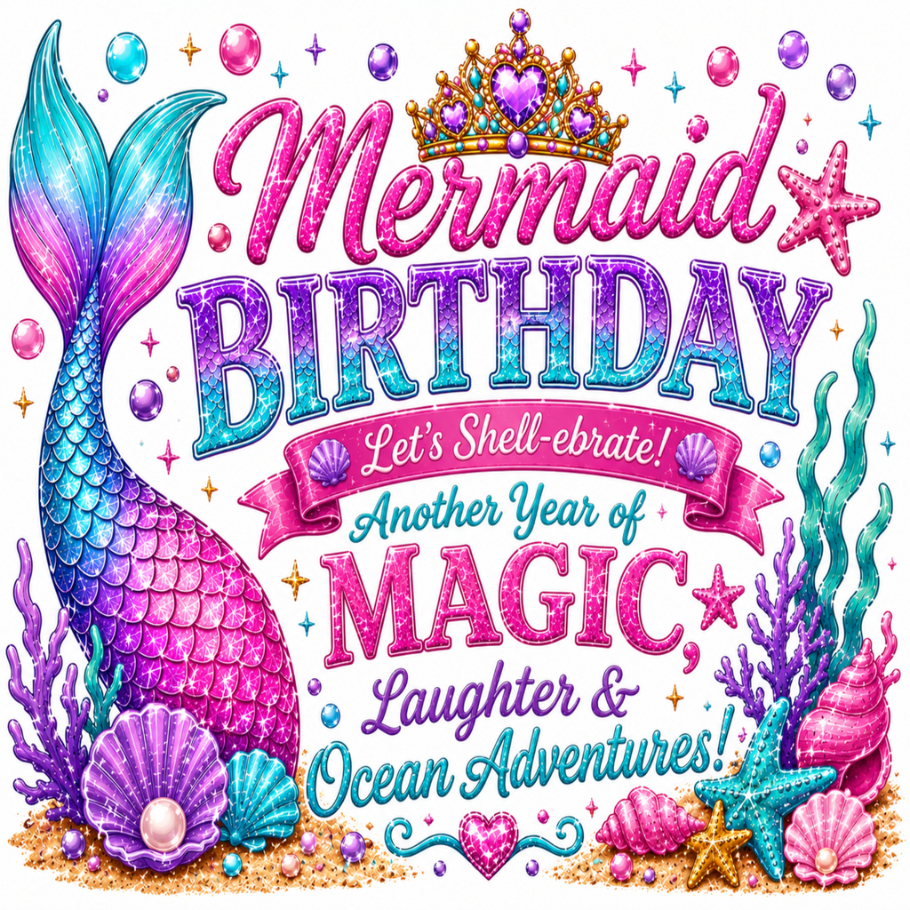 A colorful mermaid-themed birthday graphic with glitter-style text reading 'Mermaid Birthday' and 'Let's Shell-brate! Another Year of MAGIC Laughter & Ocean Adventures!' surrounded by a mermaid tail, shells, starfish, bubbles, coral, and a jeweled crown on a white background.
