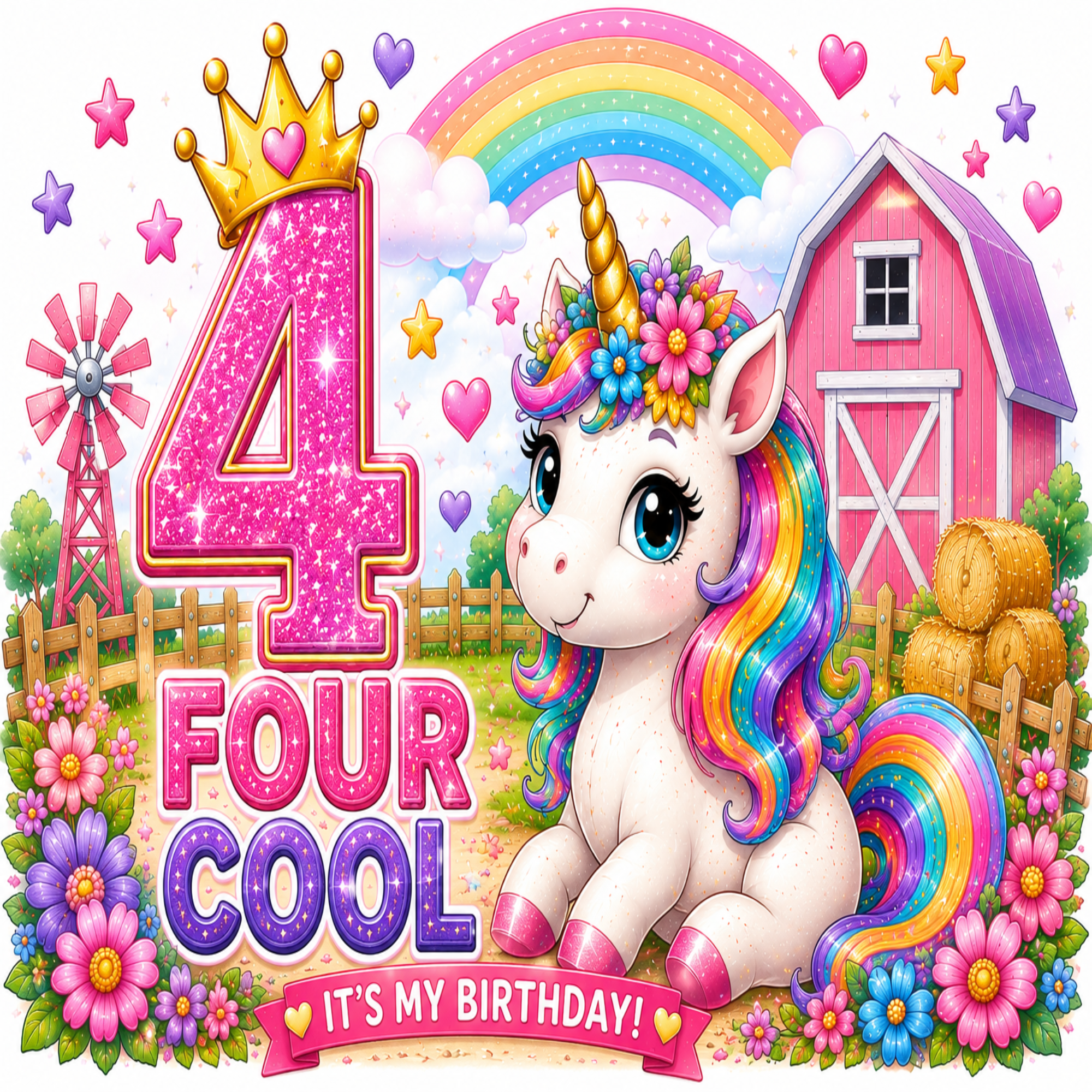 A colorful cartoon birthday graphic featuring a white unicorn with a rainbow mane and tail, a pink barn, flowers, stars, and the text '4 FOUR COOL' and 'IT'S MY BIRTHDAY!' on a bright white background.