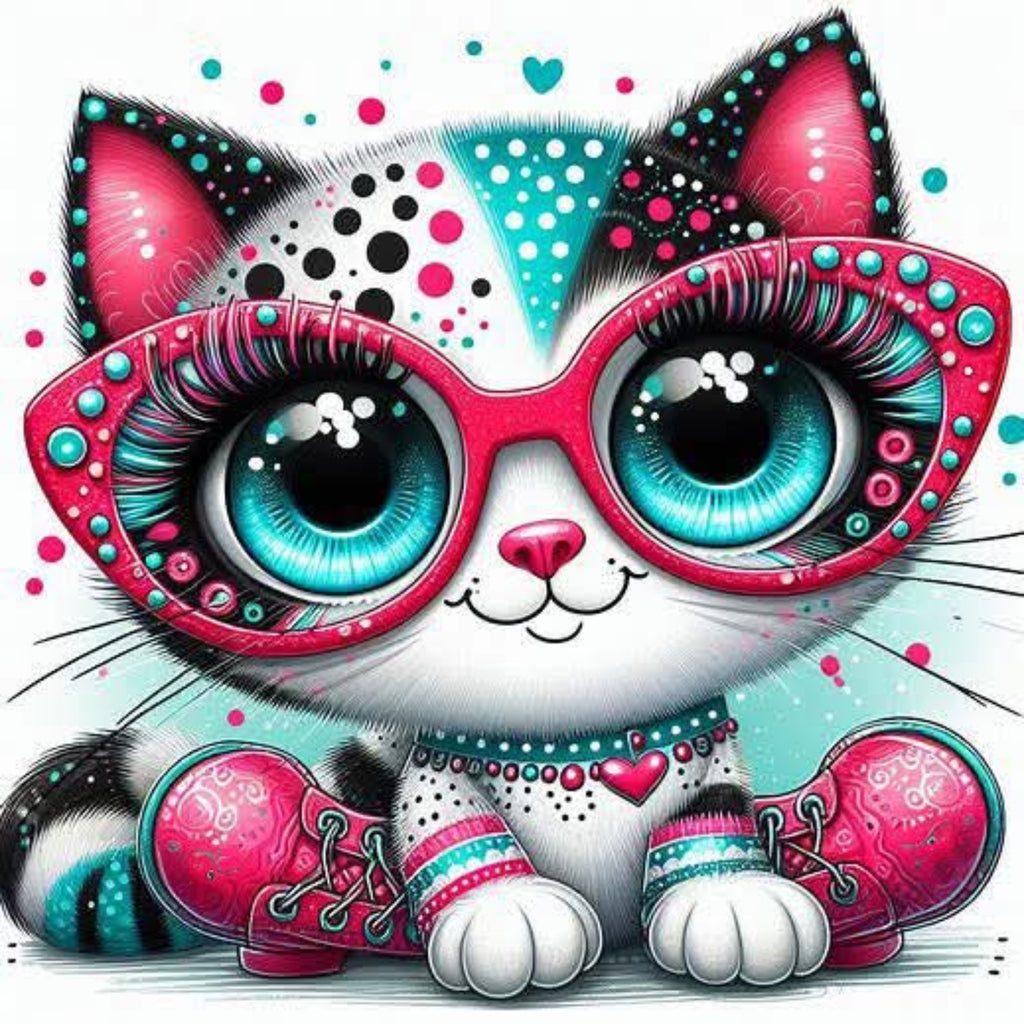 A stylized cartoon cat wearing oversized decorative pink glasses, a turquoise and white patterned collar, and pink patterned shoes on a white background with colorful dots and hearts.