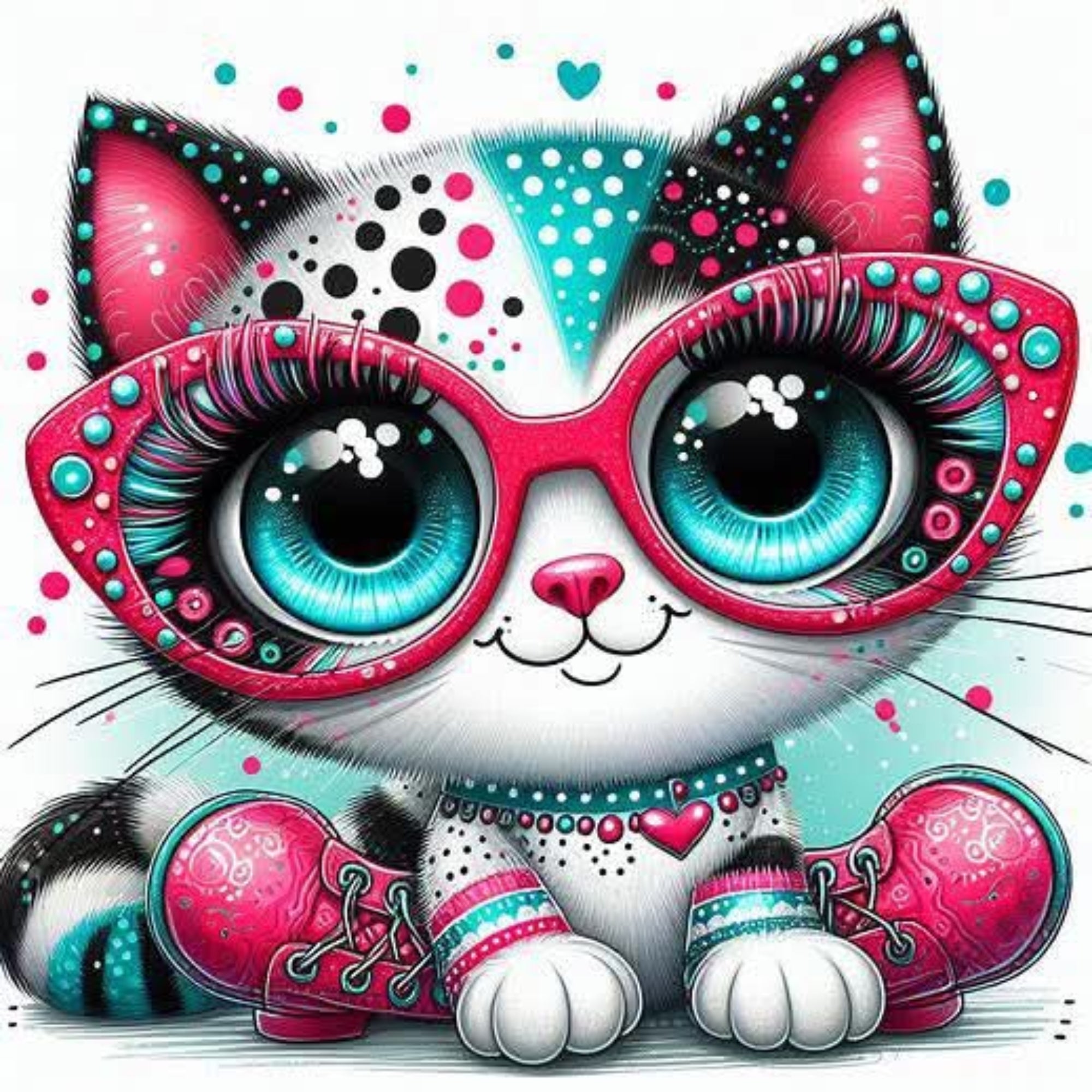 A stylized cartoon cat wearing oversized decorative pink glasses, a turquoise and white patterned collar, and pink patterned shoes on a white background with colorful dots and hearts.