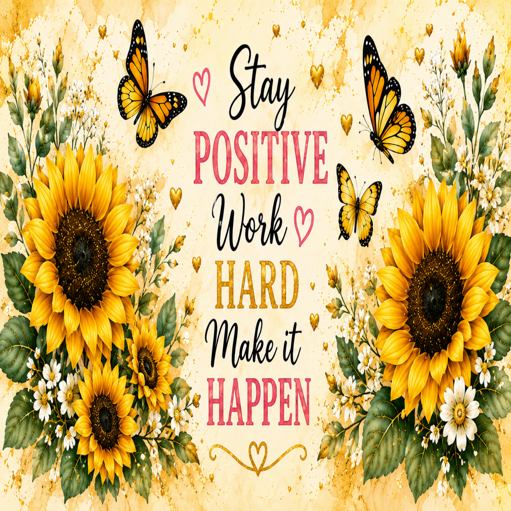 A decorative motivational graphic with the phrase “Stay Positive Work Hard Make it Happen” in black and pink lettering on a warm beige textured background. The design includes large yellow sunflowers, green leaves, white flowers, orange butterflies, and small gold hearts and coins.