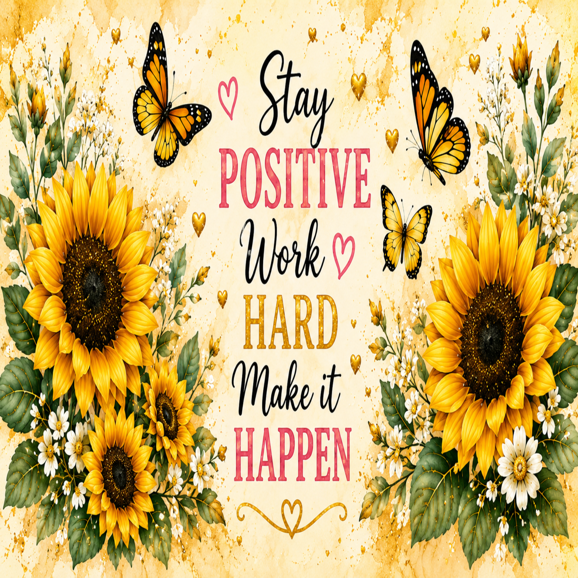 A decorative motivational graphic with the phrase “Stay Positive Work Hard Make it Happen” in black and pink lettering on a warm beige textured background. The design includes large yellow sunflowers, green leaves, white flowers, orange butterflies, and small gold hearts and coins.