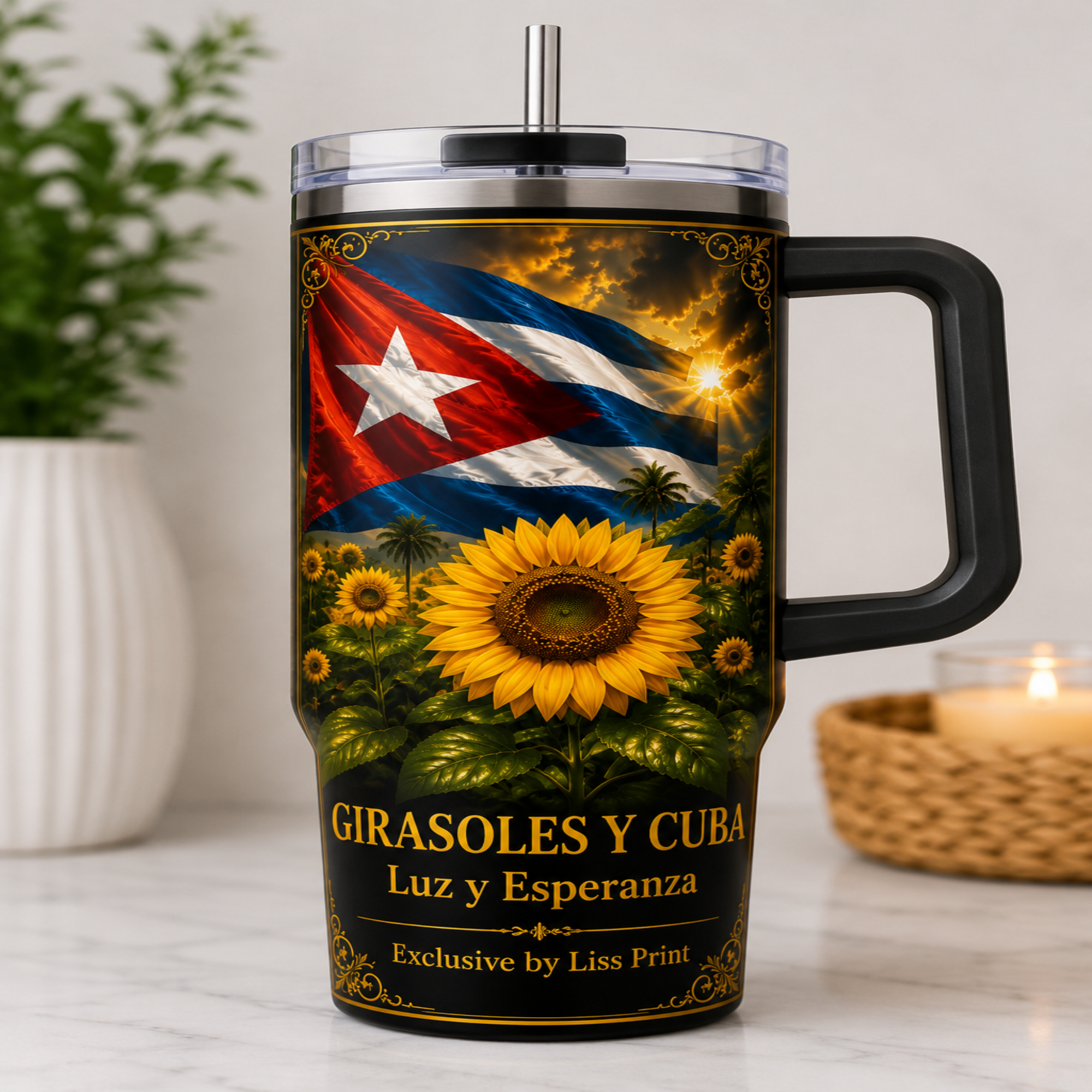 A black handled travel tumbler with a lid and straw, featuring a Cuban flag, sunflowers, and a warm glowing sky design. The tumbler is labeled 'GIRASOLES Y CUBA' and 'Luz y Esperanza', with 'Exclusive by Liss Print' at the bottom.