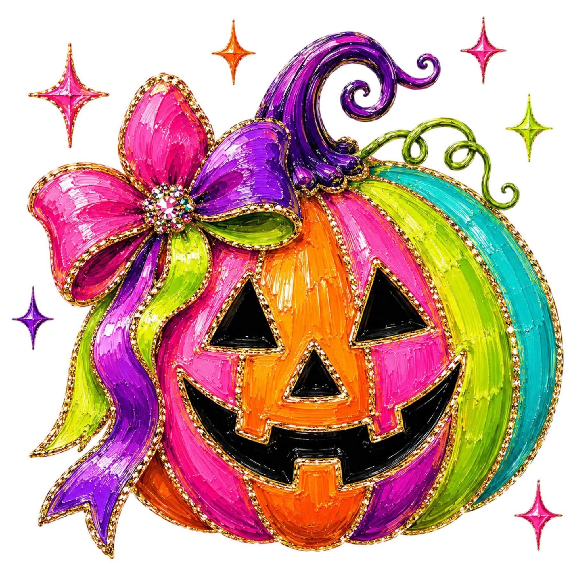 A colorful Halloween jack-o'-lantern illustration with a large pink and purple bow, gold glitter-style outlines, and bright pink, orange, green, and blue sections on a white background with small sparkles.