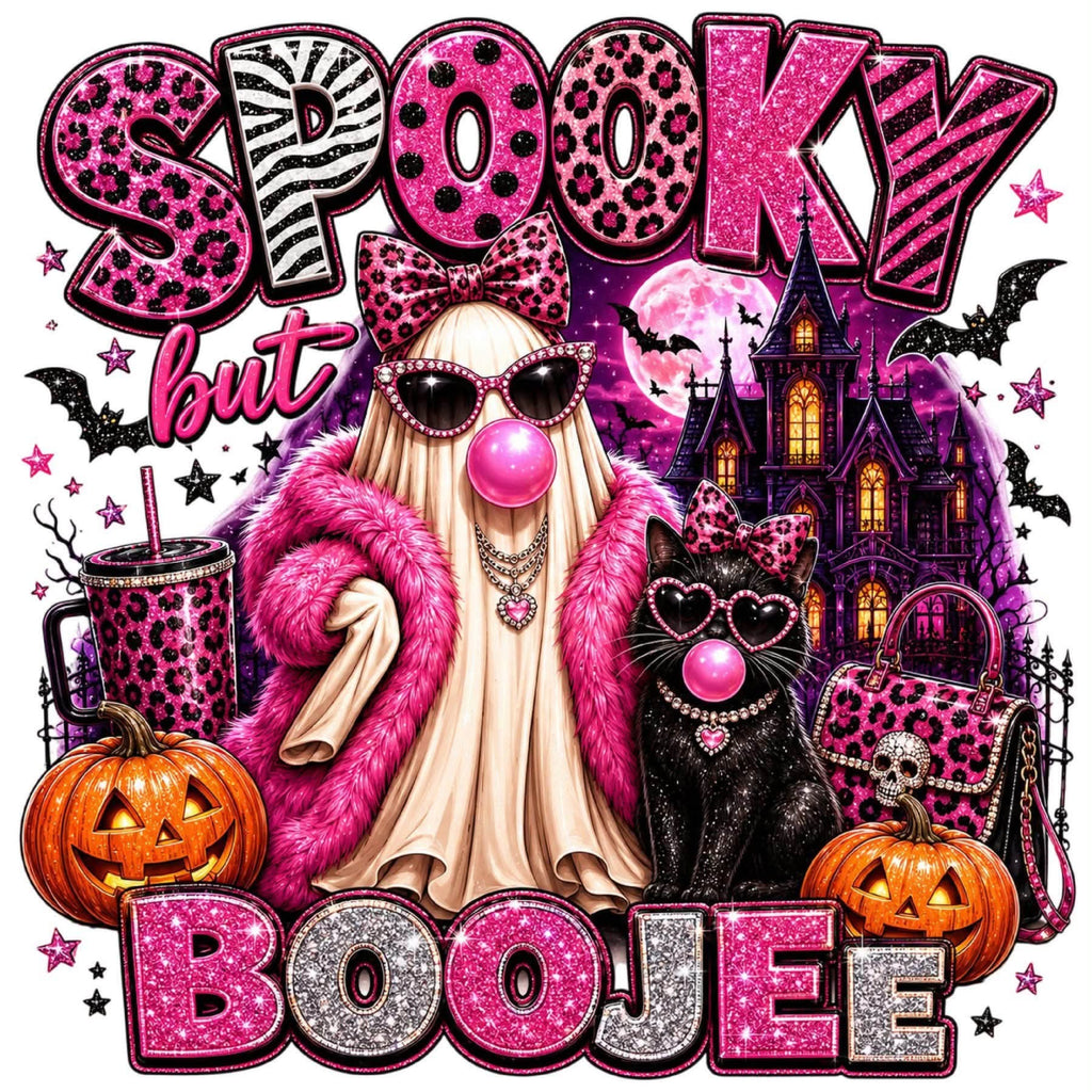A vibrant pink and black Halloween-themed graphic design featuring a ghost character in a pink fur coat, a black cat with heart-shaped sunglasses, pumpkins, a haunted house, and the words 'SPOOKY but BOOJEE' in glittery pink and silver lettering.