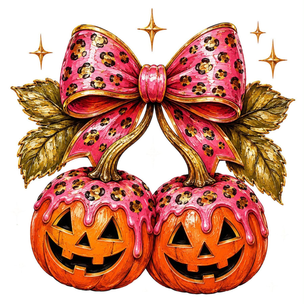 A stylized illustration of two orange jack-o'-lantern pumpkins with carved faces, topped with pink frosting-like drips and a large pink bow with leopard-print spots and gold trim. Gold leaves and sparkles surround the pumpkins on a white background.